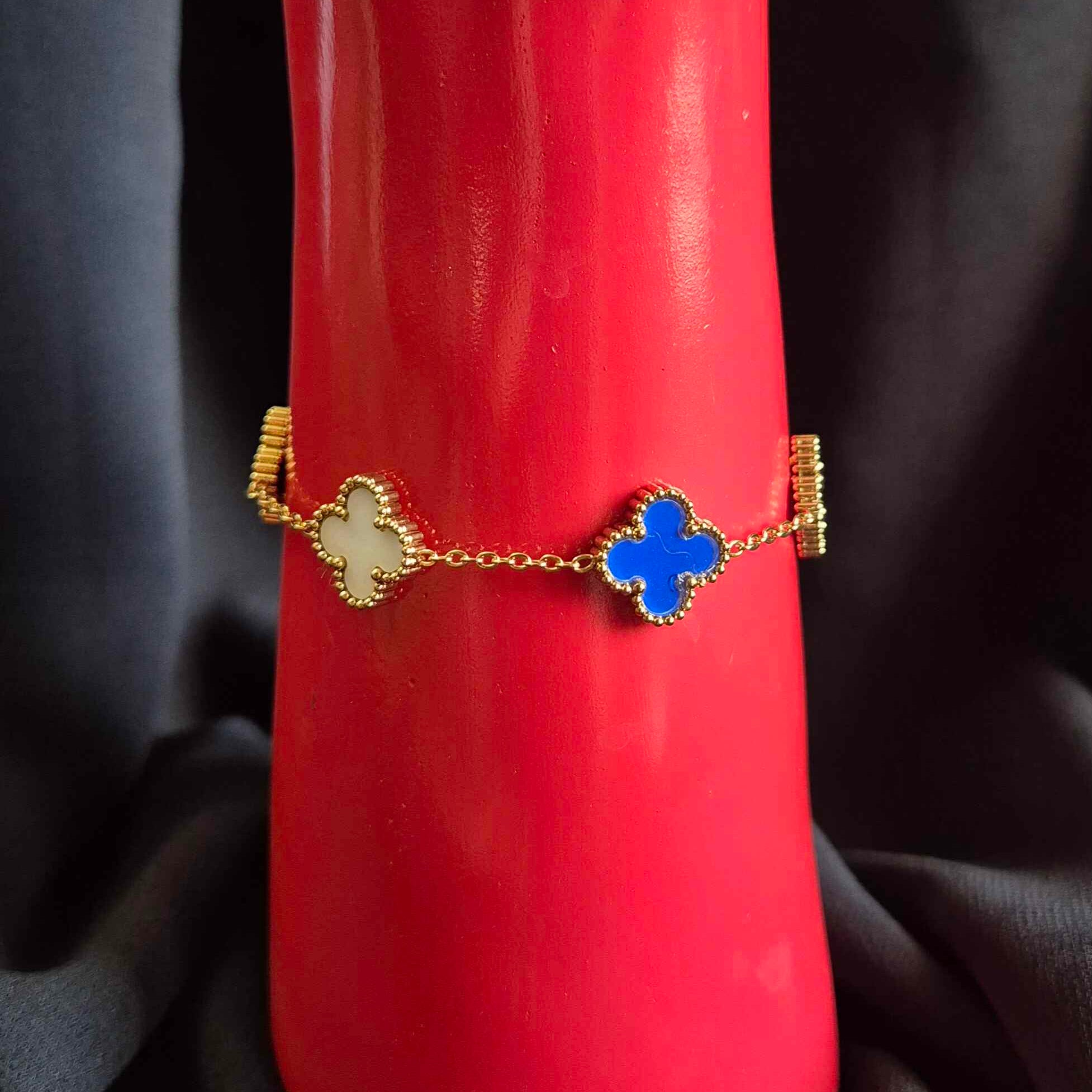 Blue & White Clover Charm Bracelet for Women | Gold-Tone Floral Motif Adjustable Bracelet