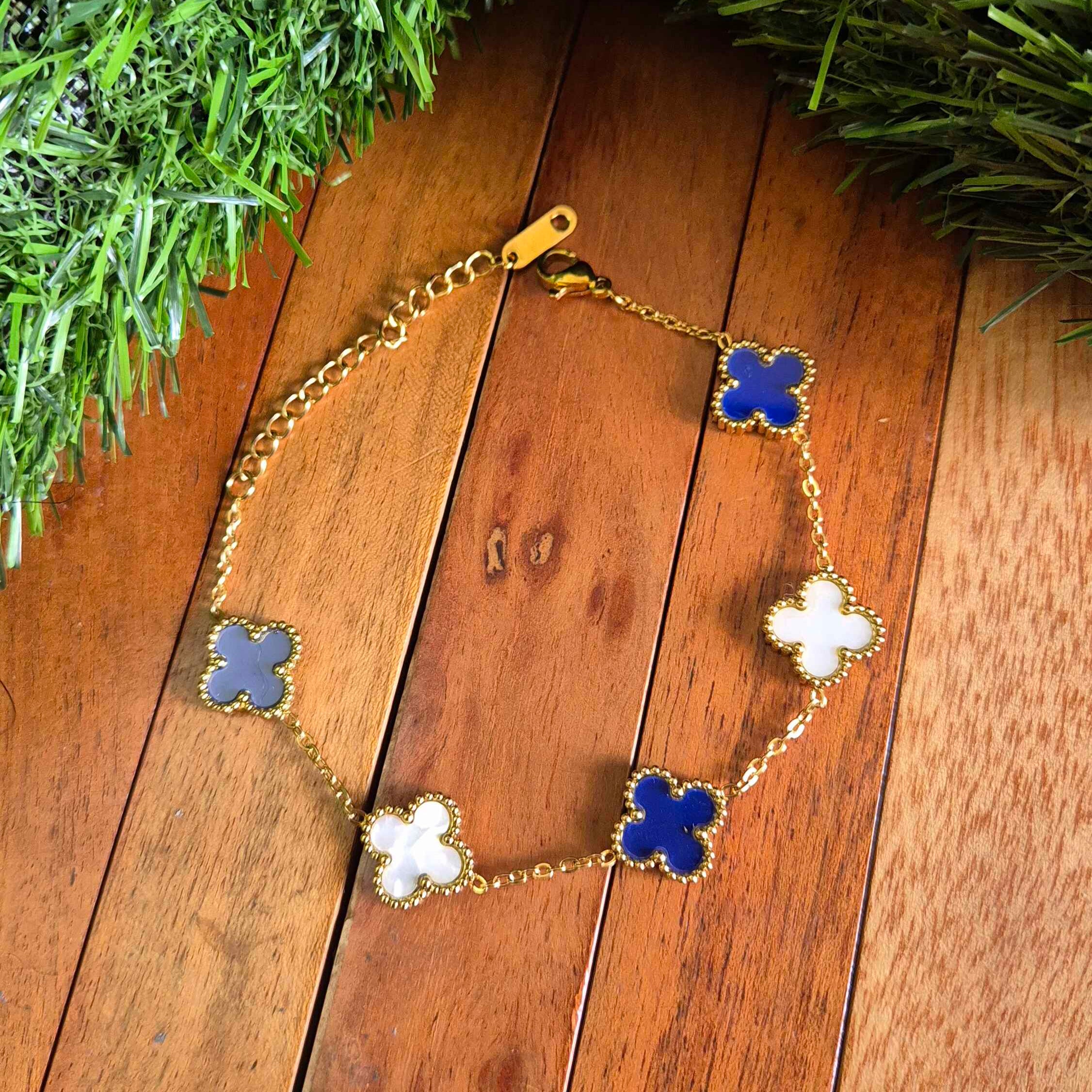 Blue & White Clover Charm Bracelet for Women | Gold-Tone Floral Motif Adjustable Bracelet