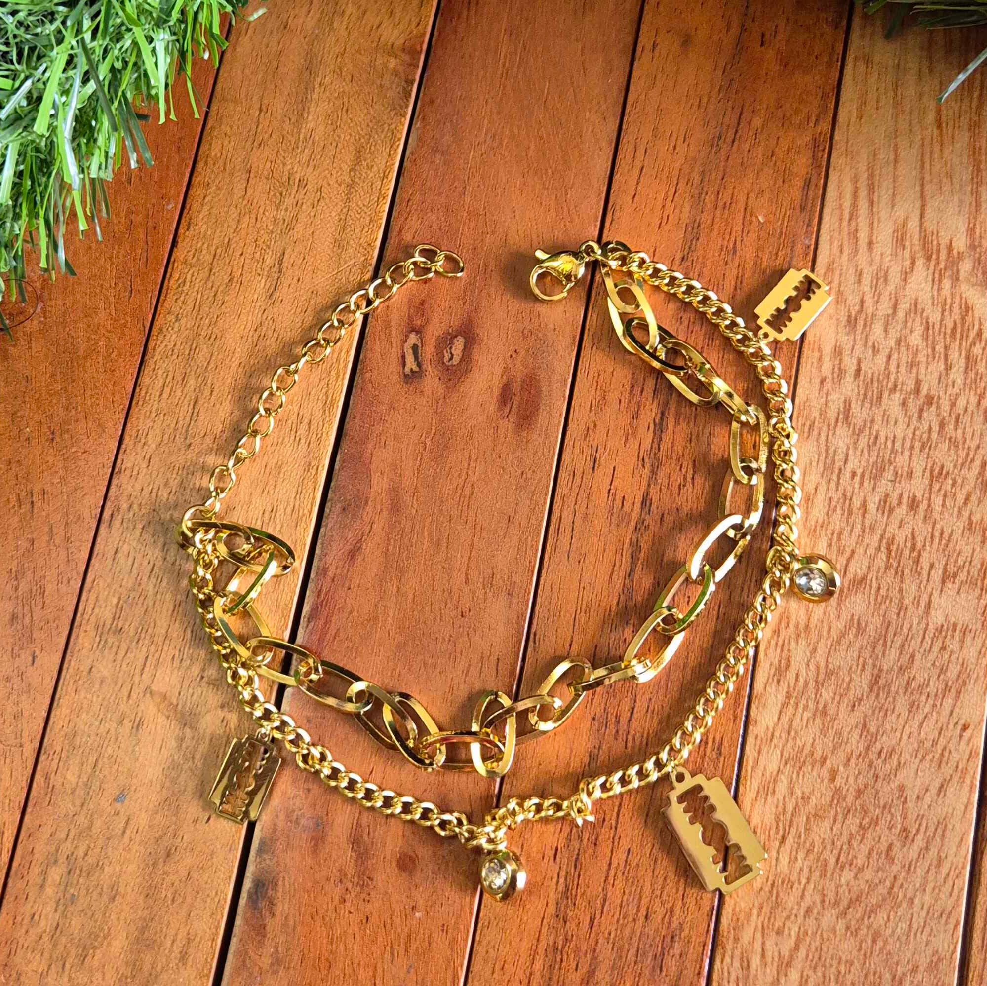 Layered Gold-Tone Chain Bracelet with Crystal & Blade Charms | Edgy Statement Bracelet for Women