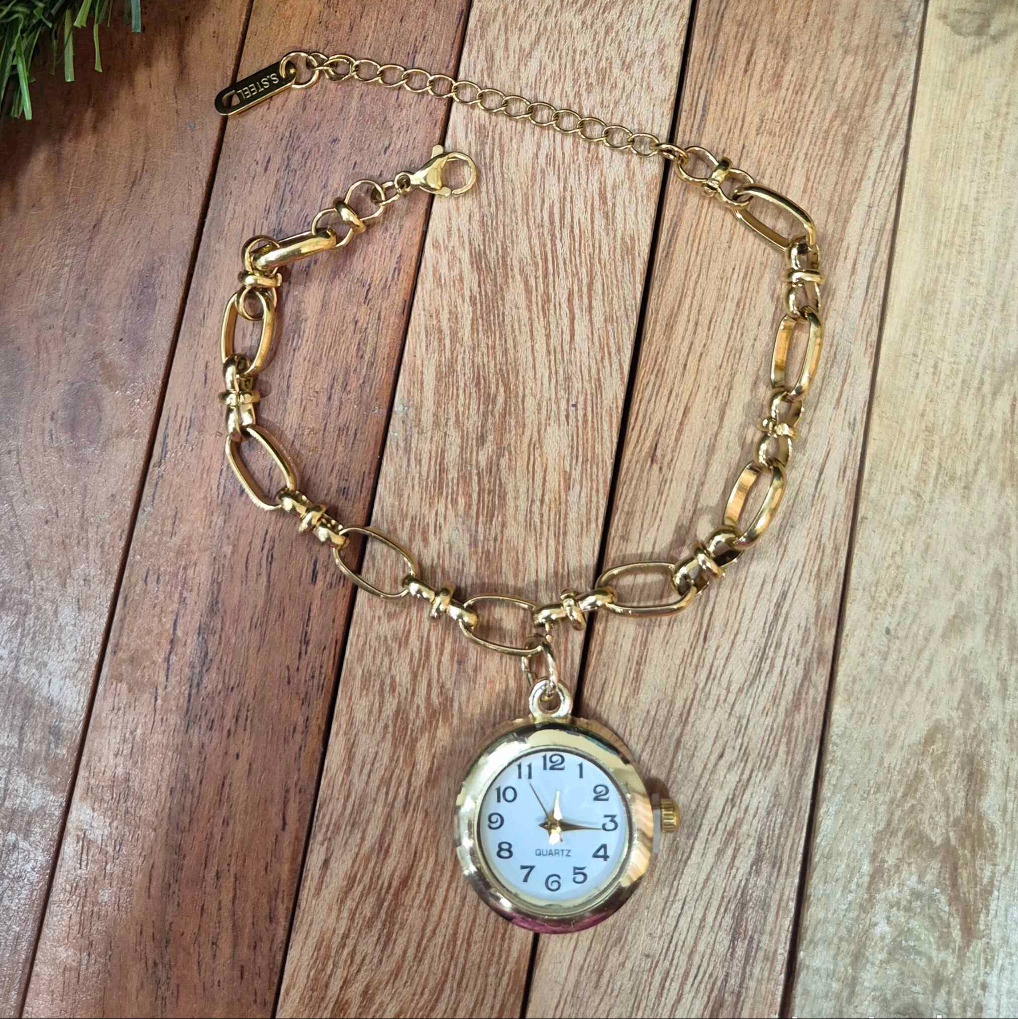 Vintage Pocket Watch Charm Bracelet for Women | Gold-Tone Statement Chain Bracelet