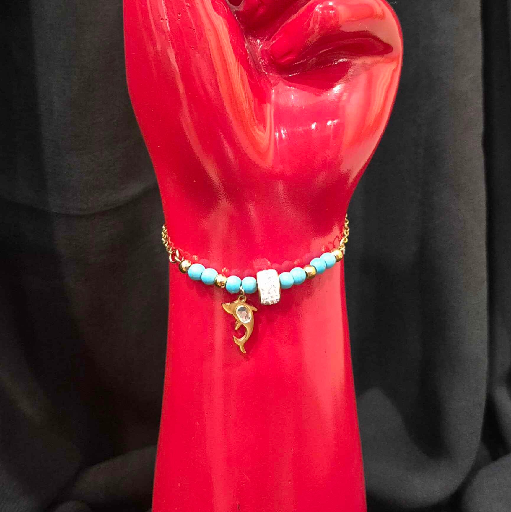 Gold-Tone Dolphin Charm Bracelet with Turquoise Beads