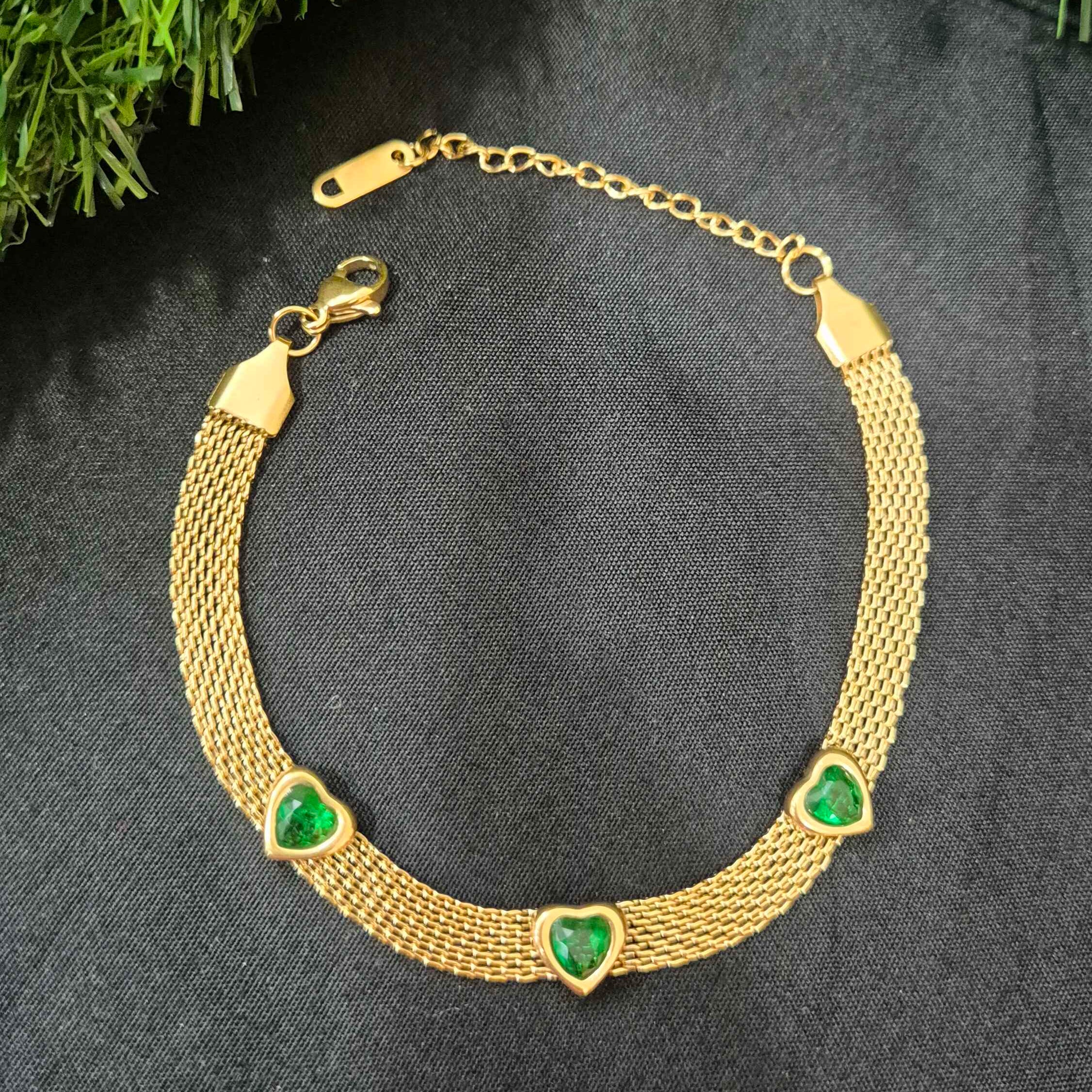 Gold-Tone Mesh Bracelet with Green Heart Crystal Accents