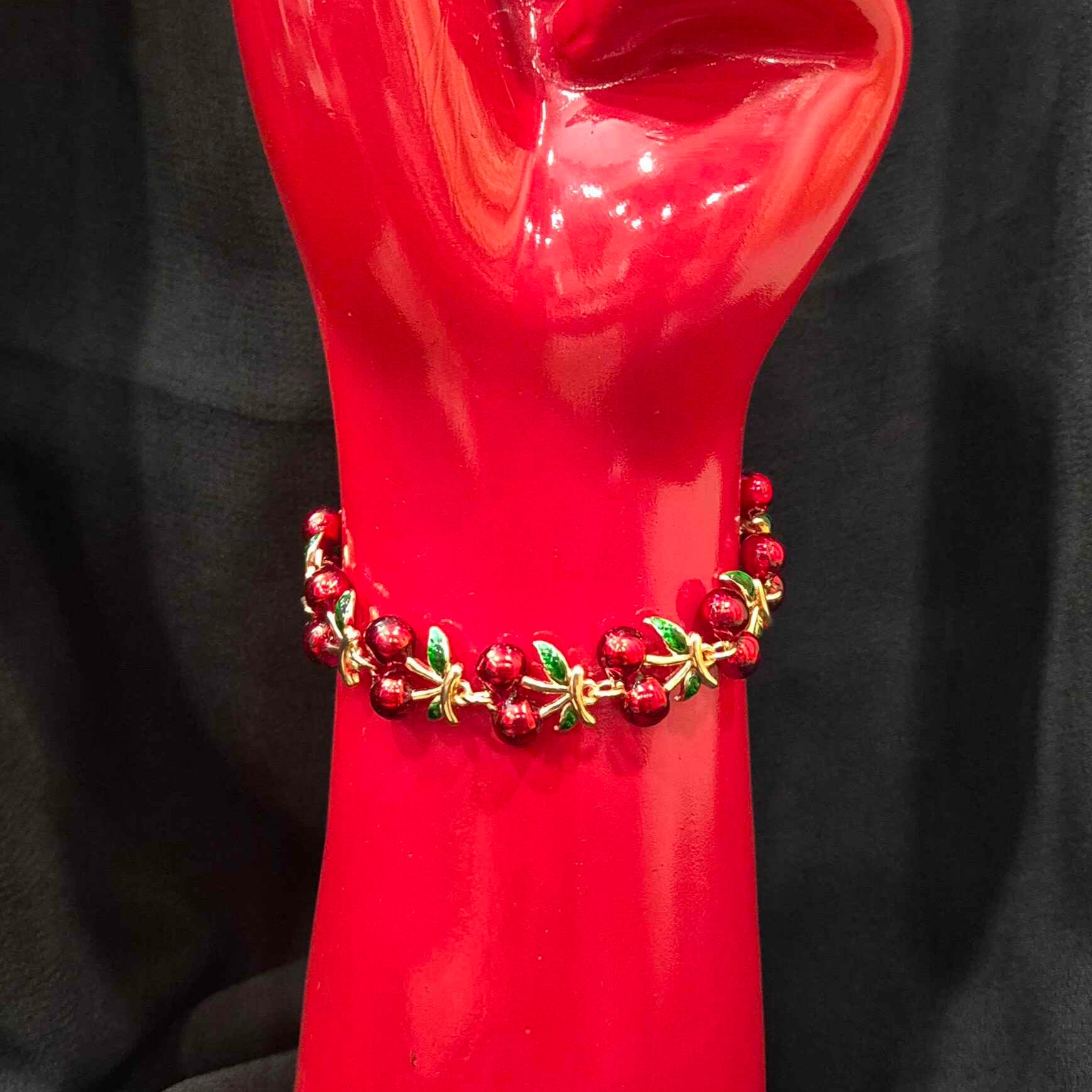 Cherry Charm Bracelet with Red Crystal Accents for Women