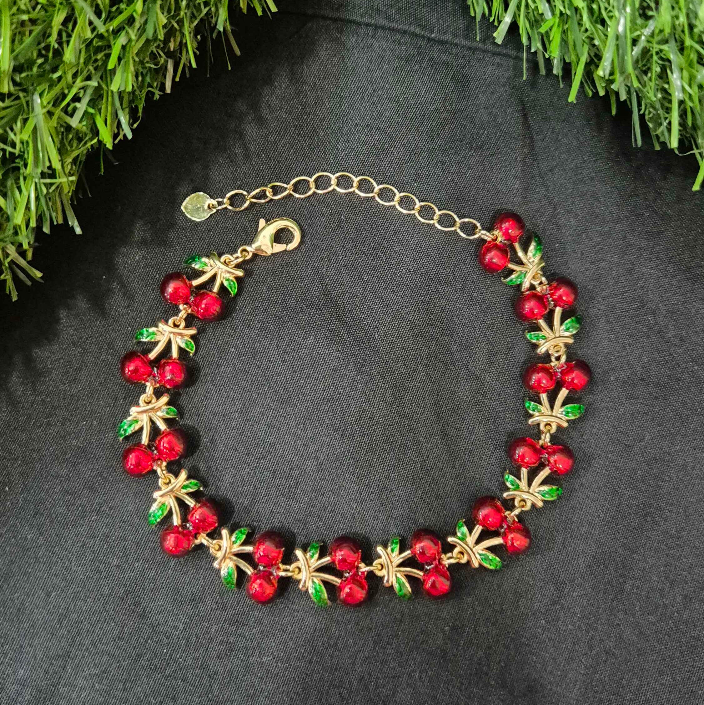 Cherry Charm Bracelet with Red Crystal Accents for Women