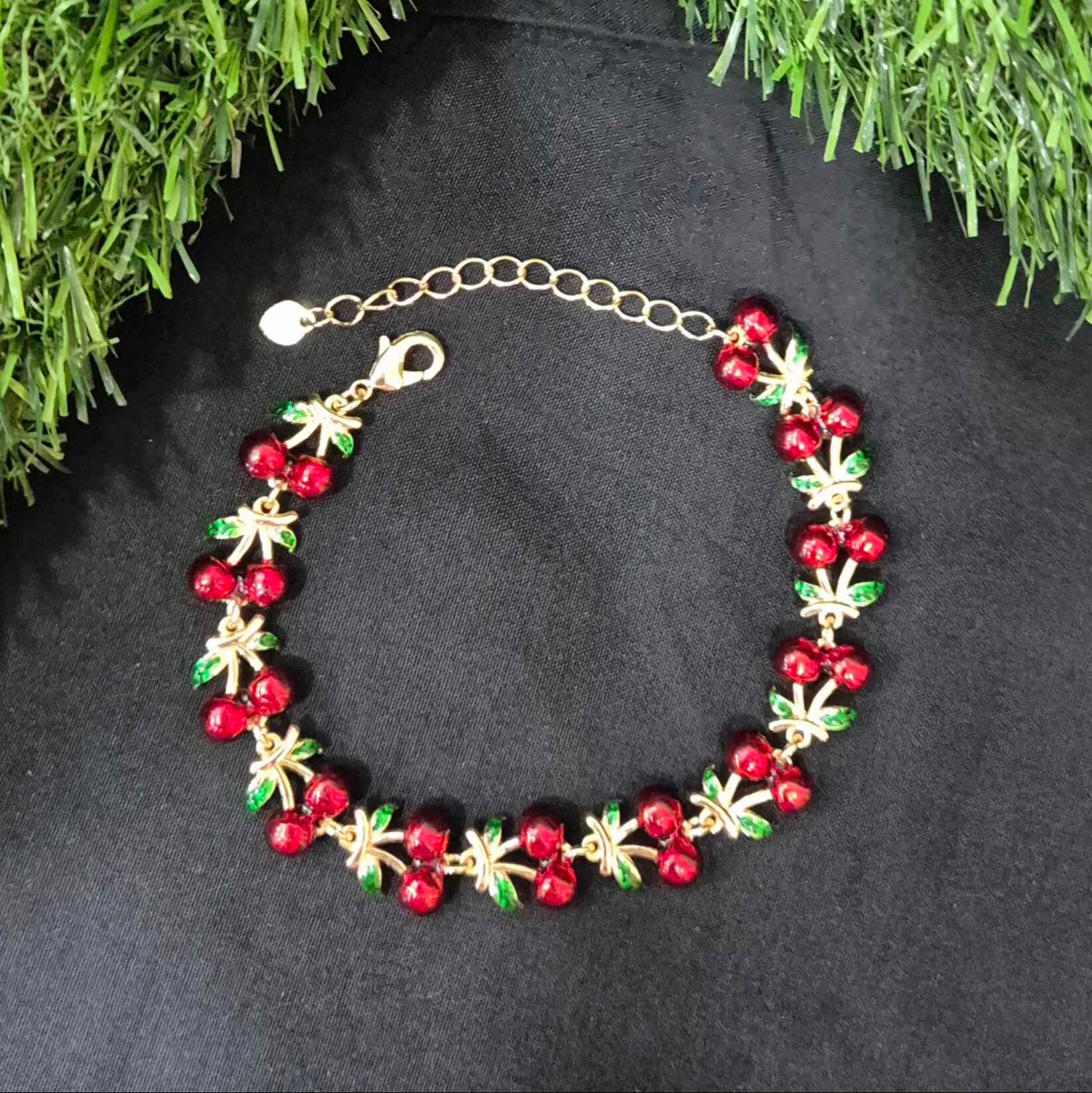 Cherry Charm Bracelet with Red Crystal Accents for Women