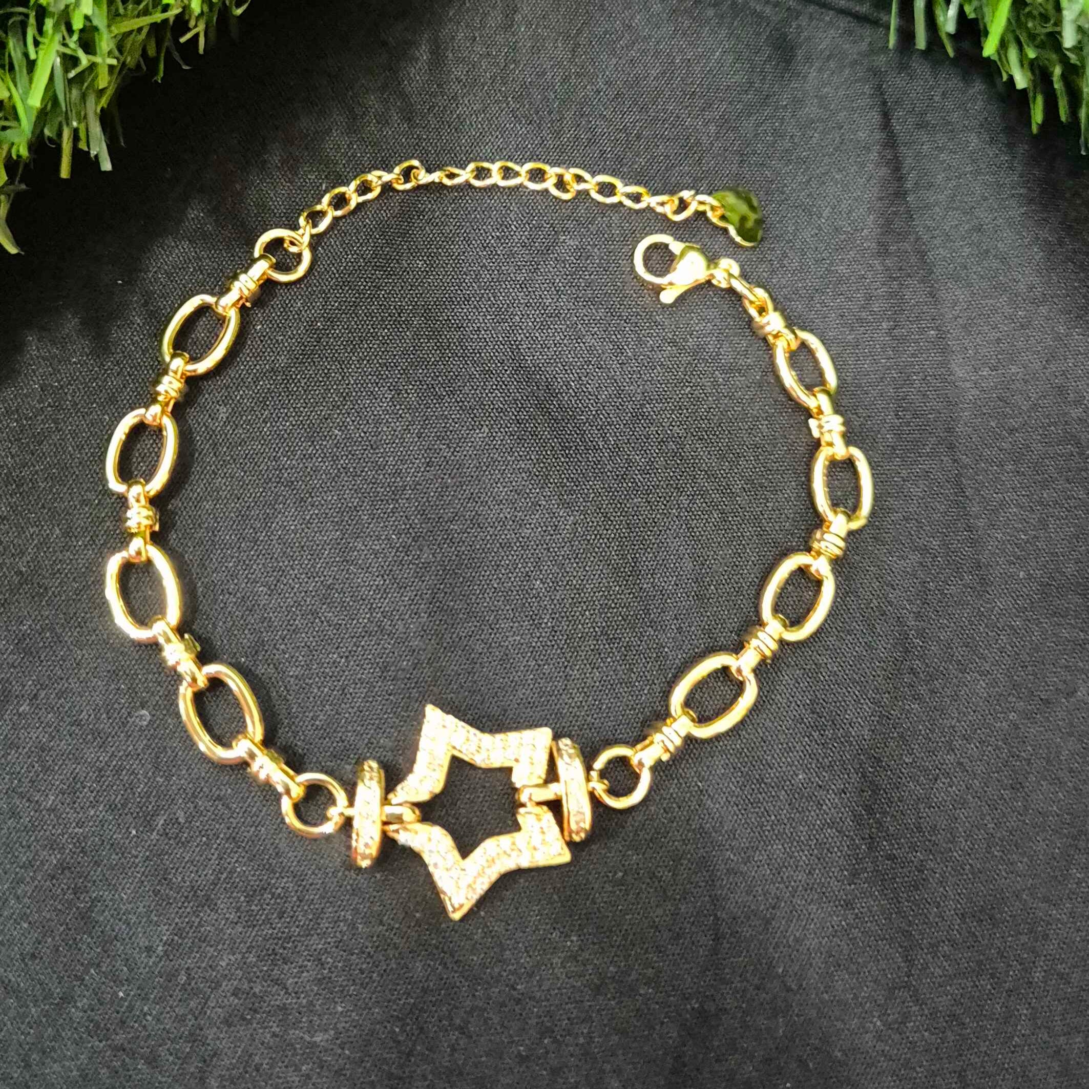 Gold-Tone Geometric Star Link Bracelet with Crystal Accents