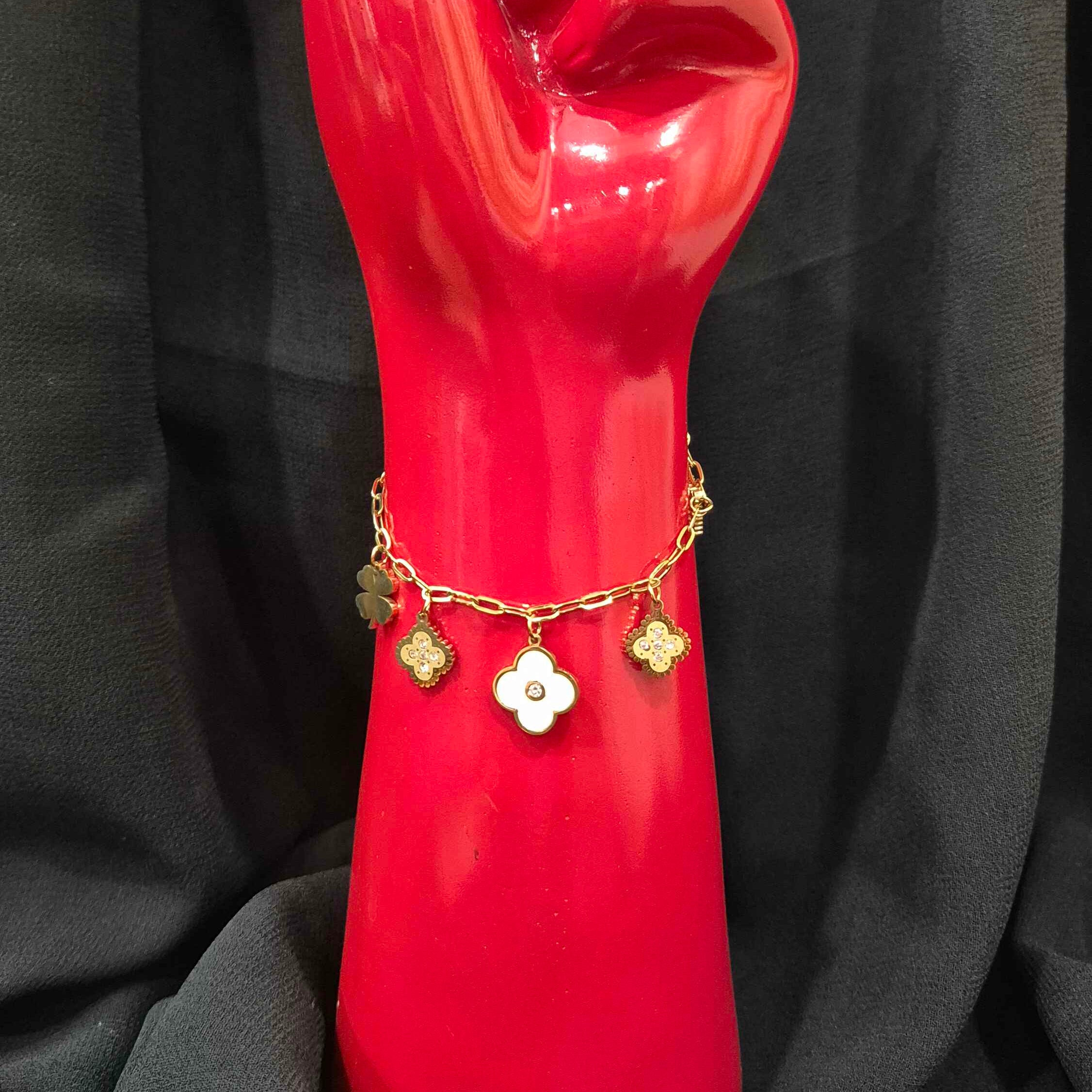 Gold-Tone Clover Charm Bracelet with White Floral Pendant