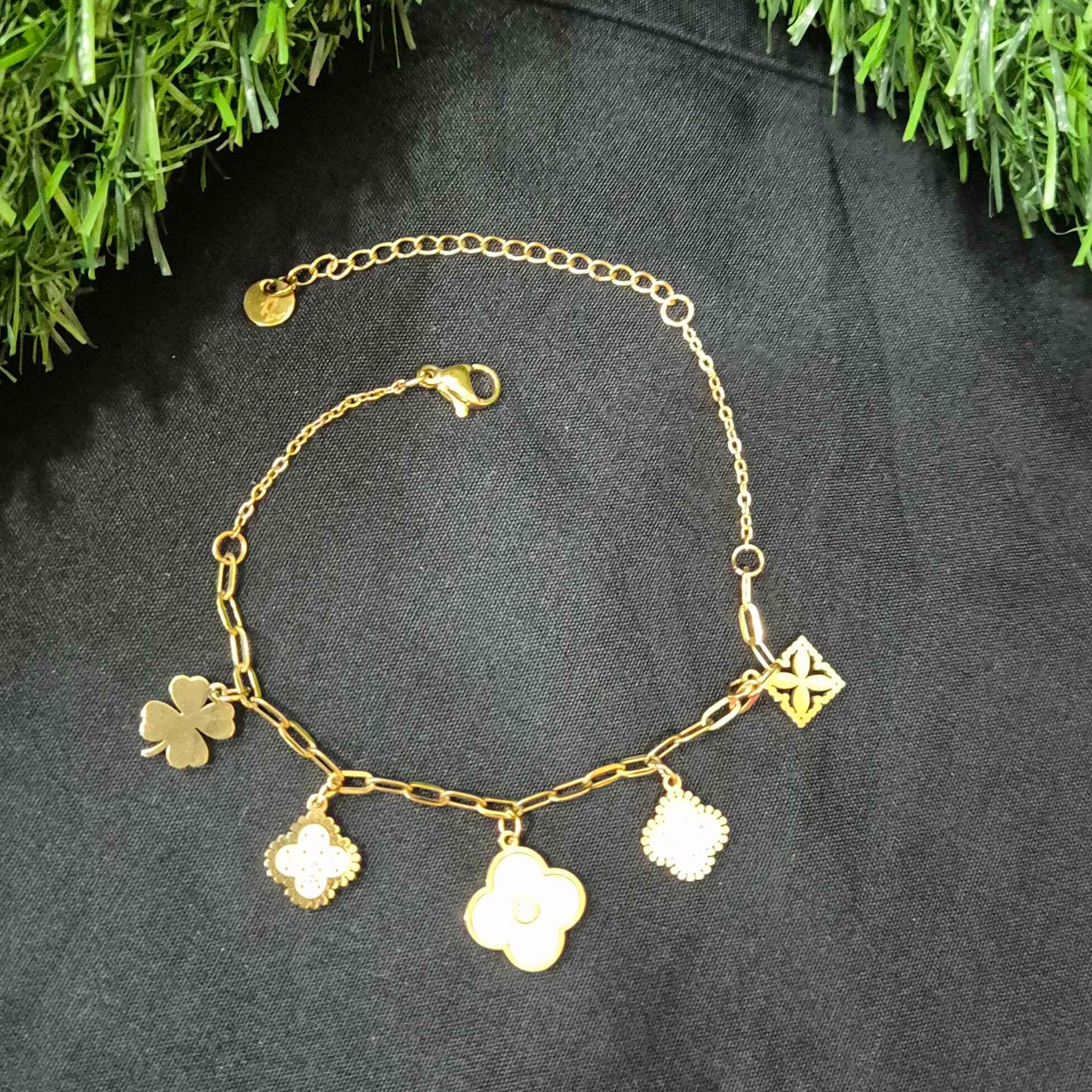 Gold-Tone Clover Charm Bracelet with White Floral Pendant