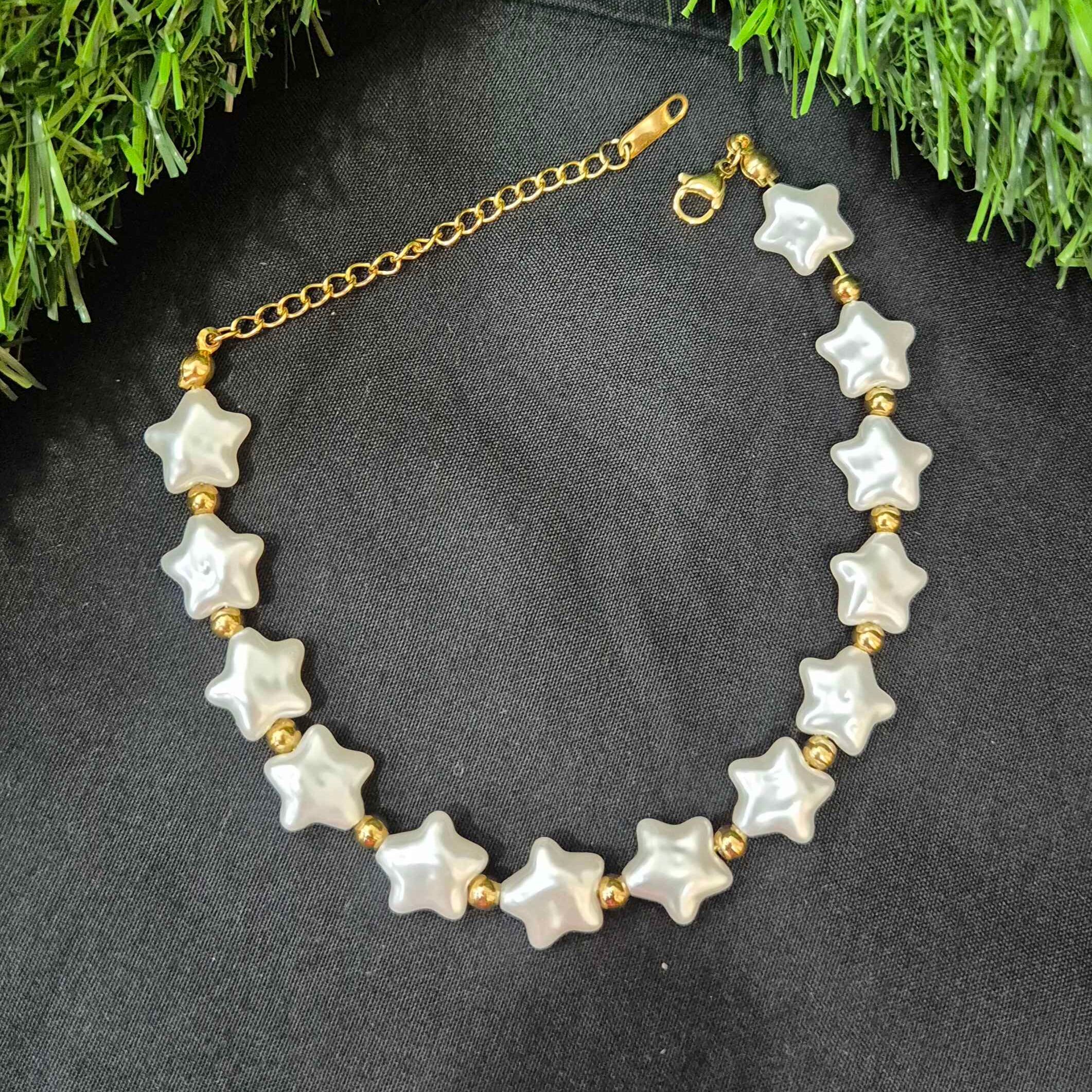 White Star Bead Bracelet with Gold-Tone Accents for Women