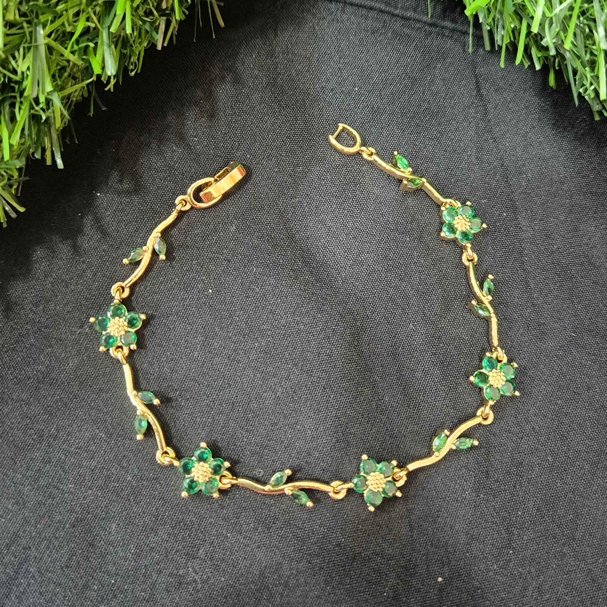 Gold-Tone Green Floral Crystal Bracelet for Women