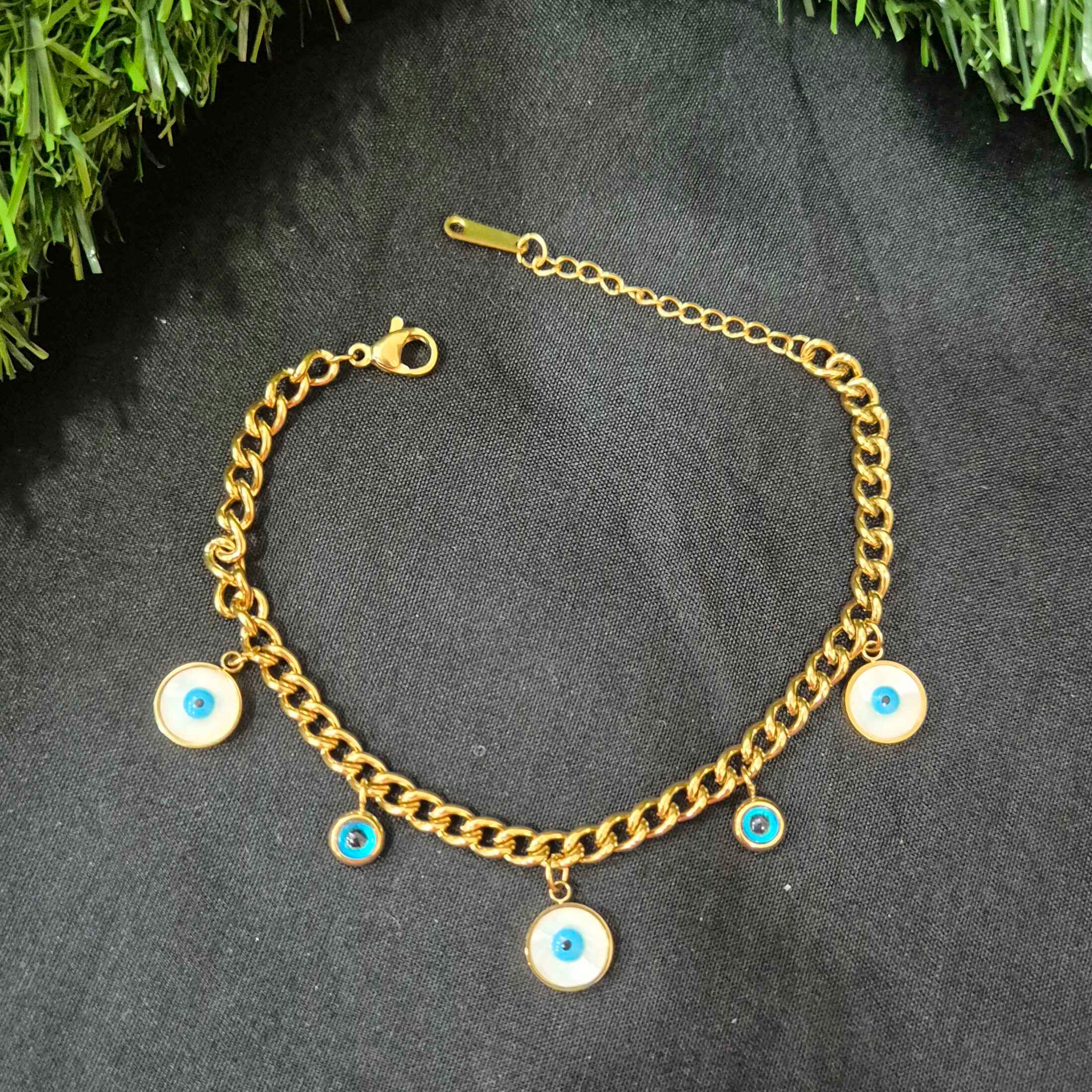 Gold-Tone Evil Eye Charm Chain Bracelet for Women