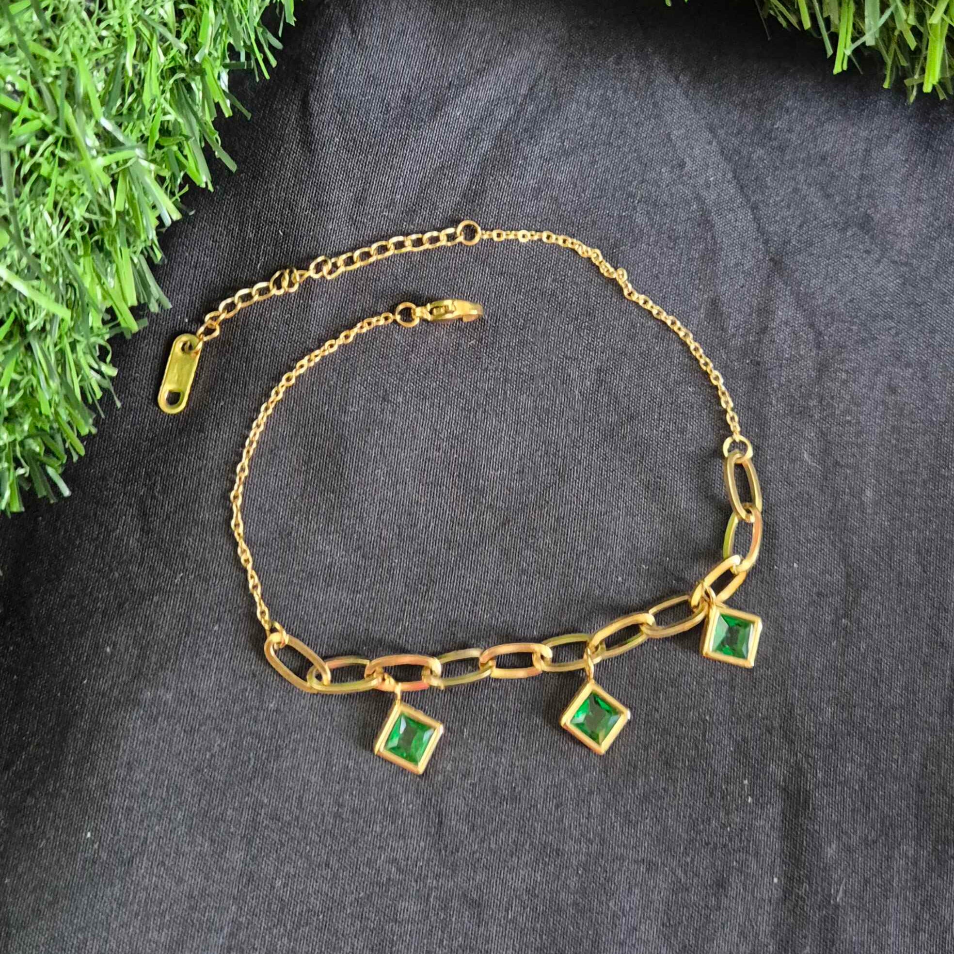 Gold-Tone Link Bracelet with Green Crystal Charm Accents