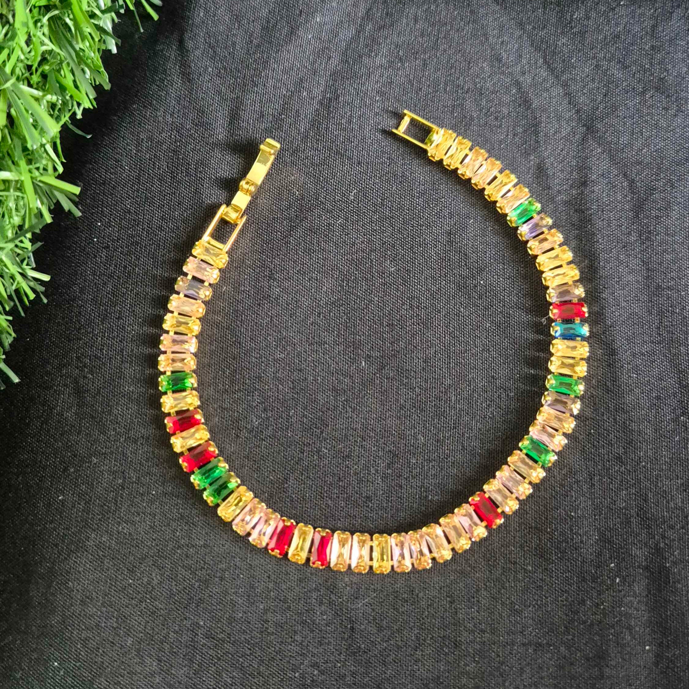 Multicolor Baguette Crystal Tennis Bracelet in Gold-Tone Finish