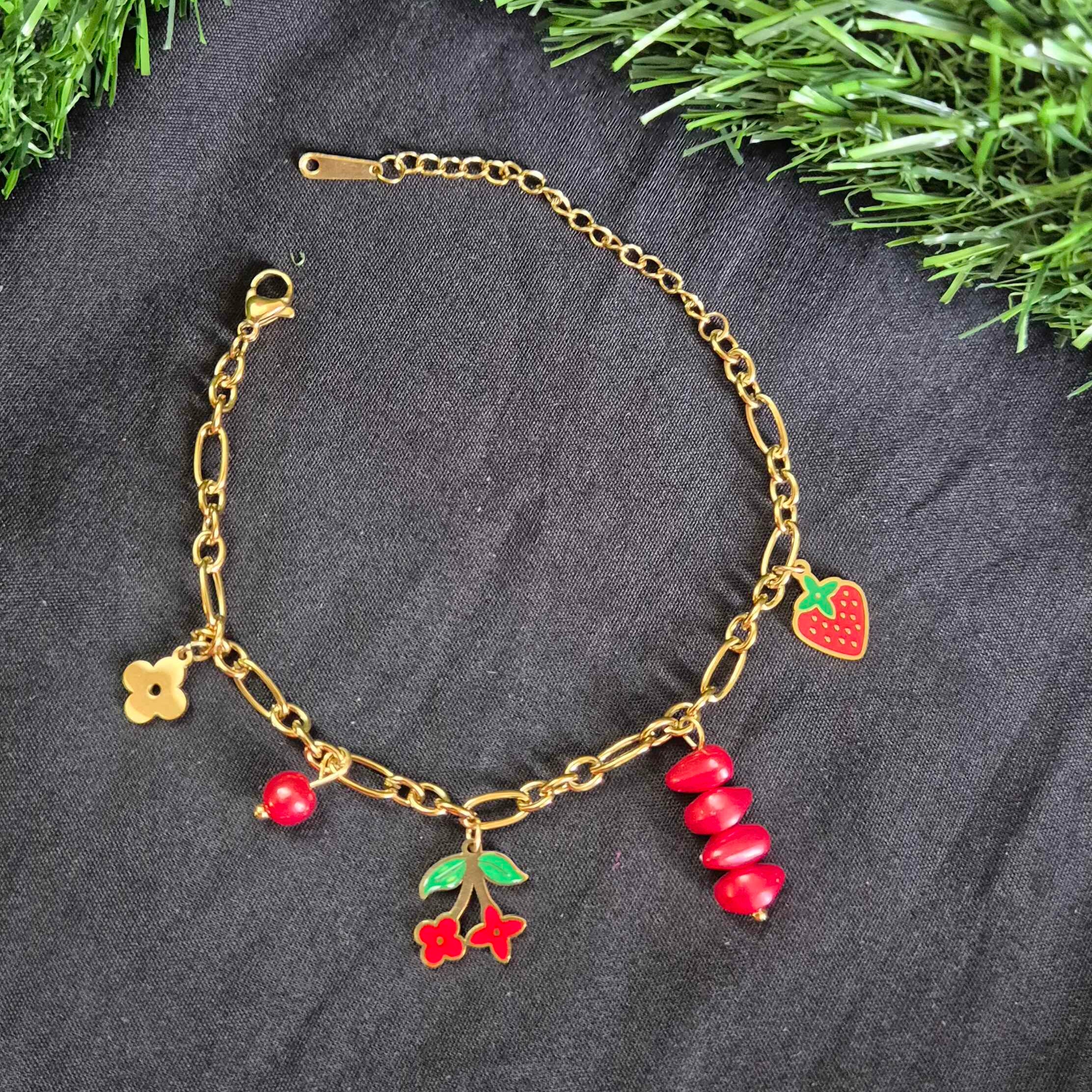 Fruit Charm Bracelet with Strawberry and Cherry Accents for Women