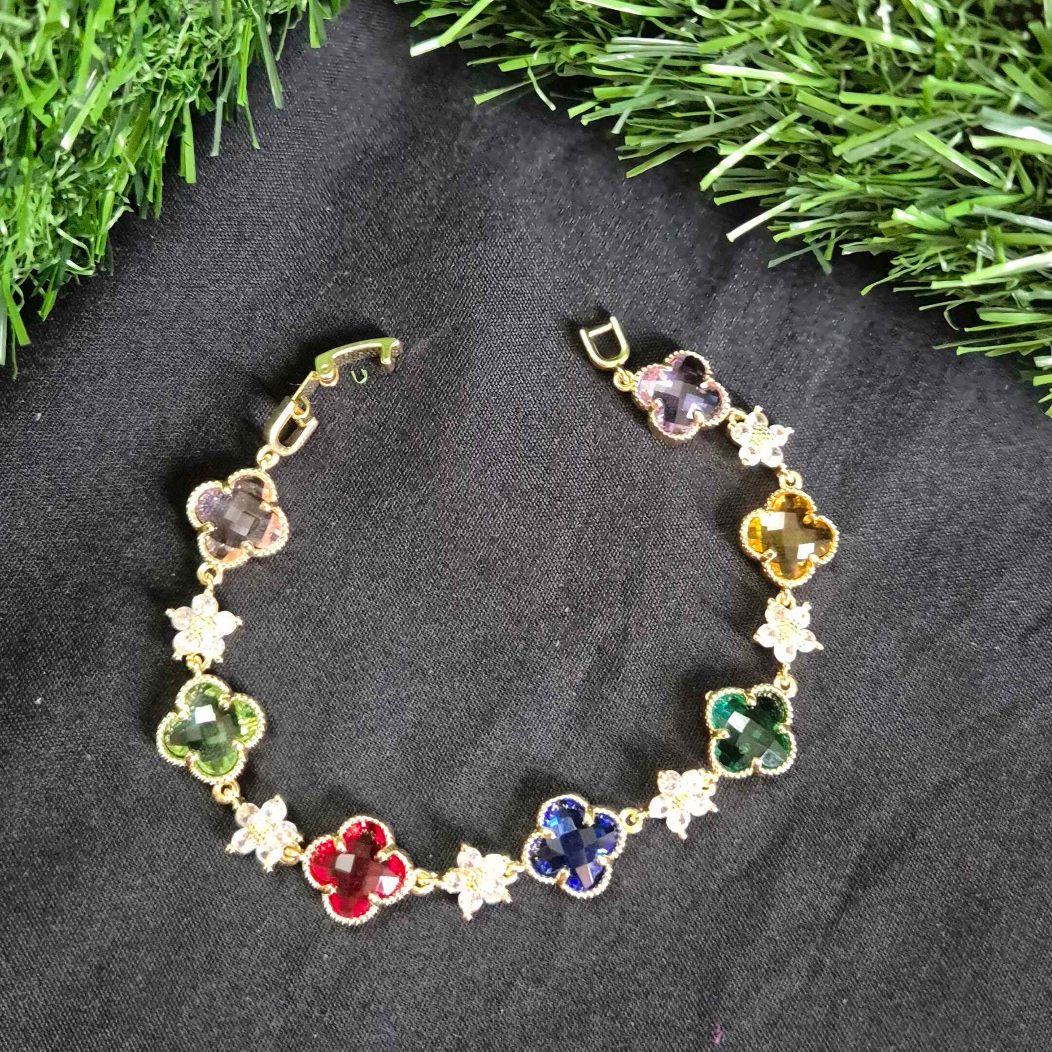 Luxury Multicolor Clover Crystal Bracelet for Women | Gold-Plated Floral Charm Bracelet