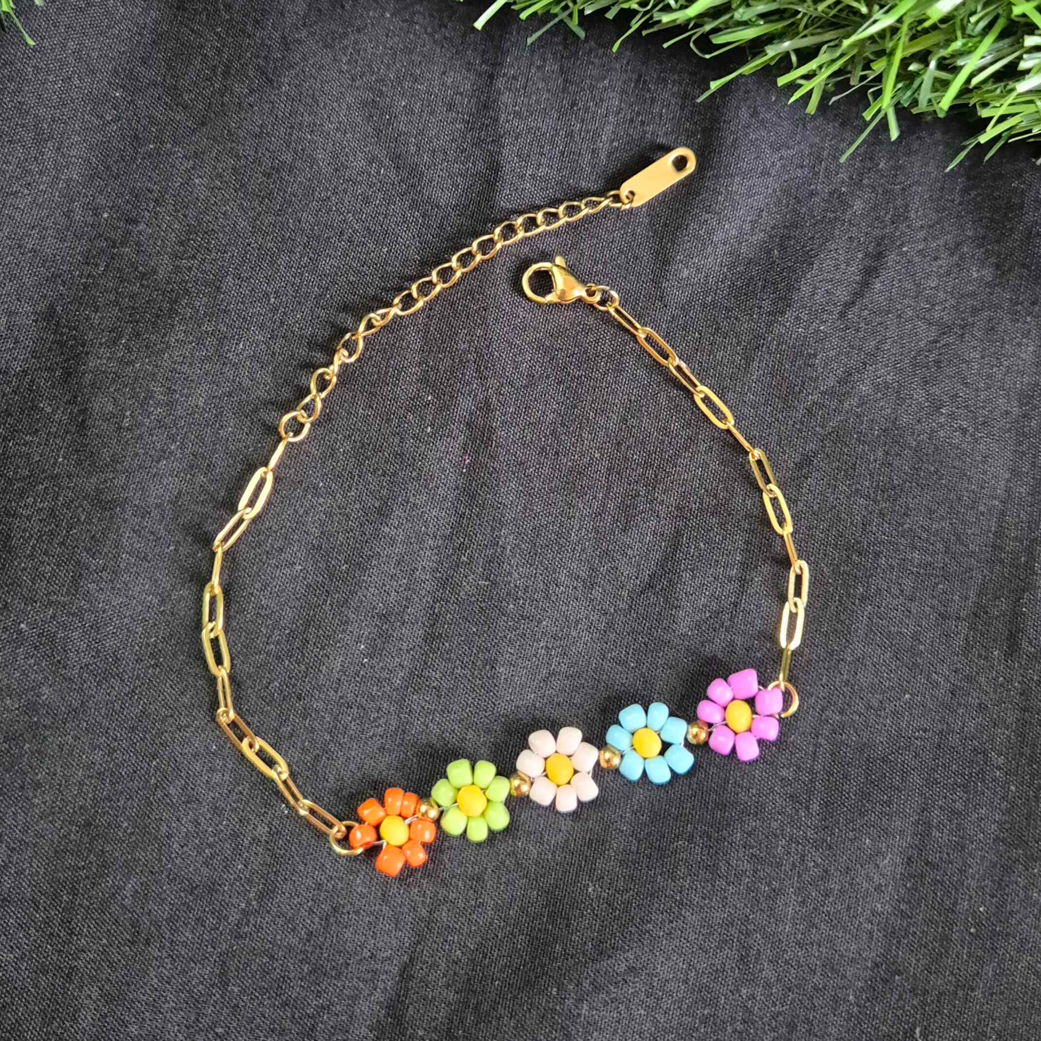 Colorful/Multi coloured Daisy Charm Chain Bracelet with Adjustable Closure