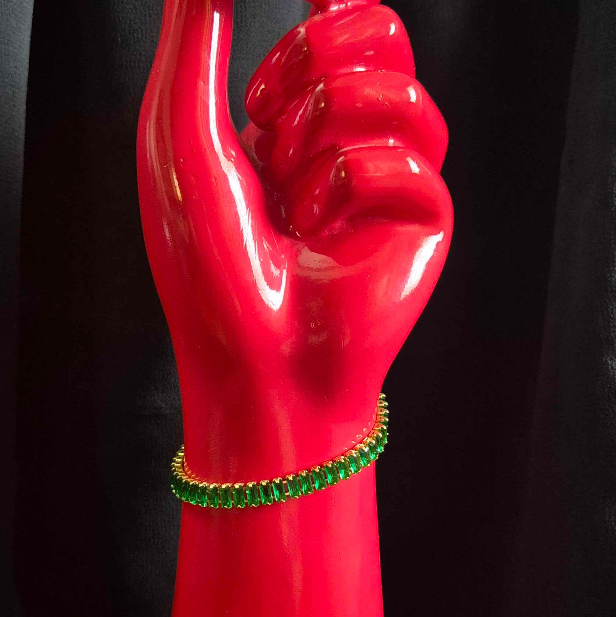 Green Baguette Crystal Tennis Bracelet with Gold-Tone Setting