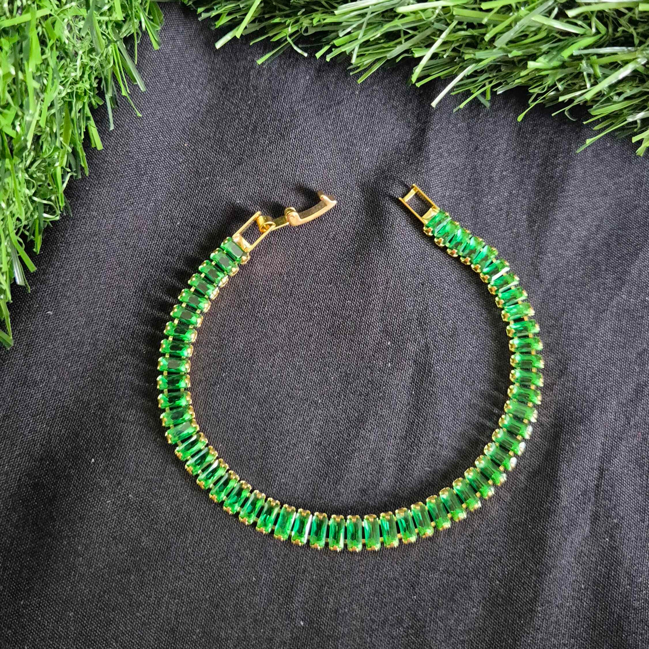 Green Baguette Crystal Tennis Bracelet with Gold-Tone Setting