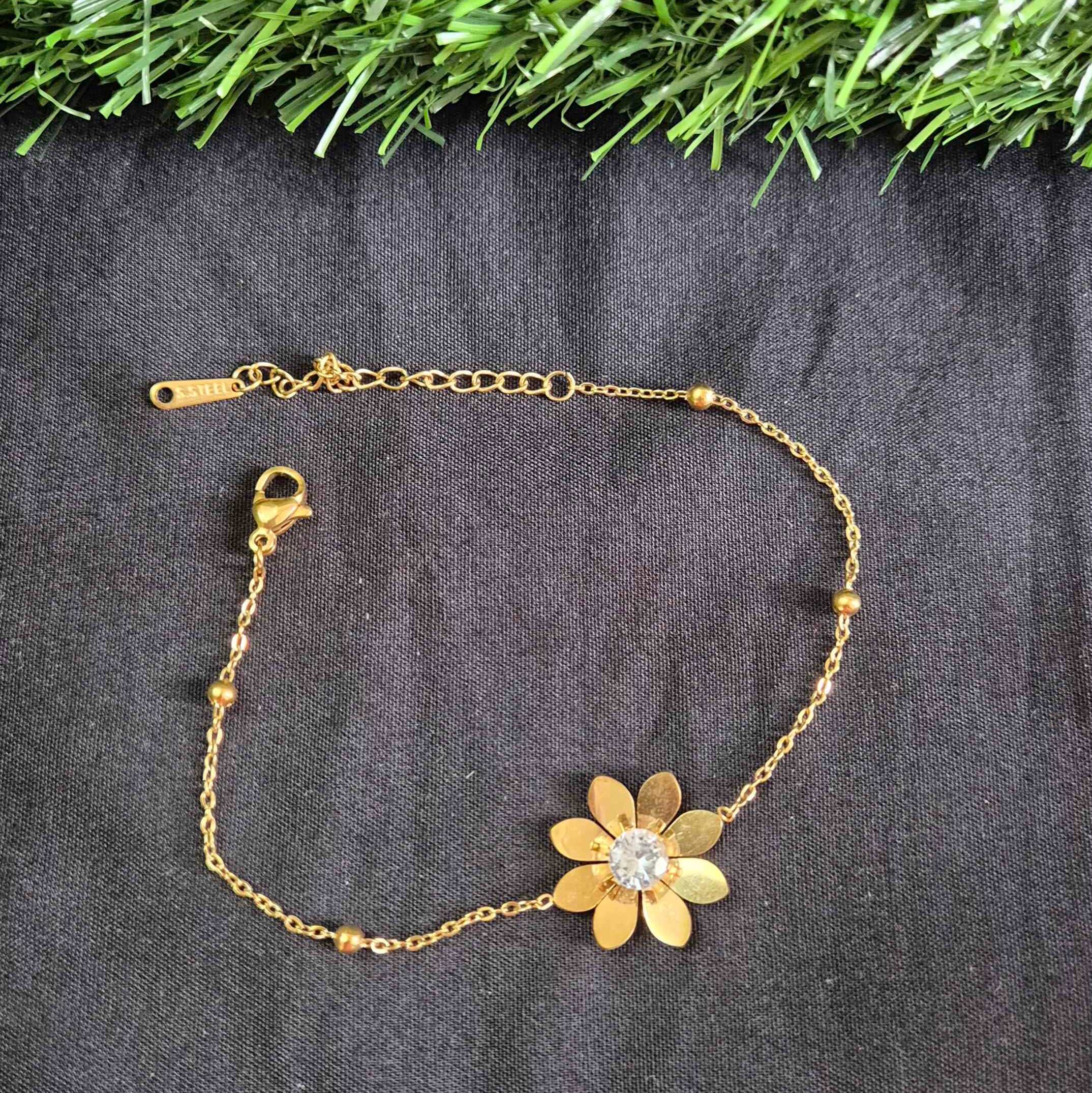 Anti tarnish Floral Charm Chain Bracelet with Crystal Center and Adjustable Clasp  Product Description: