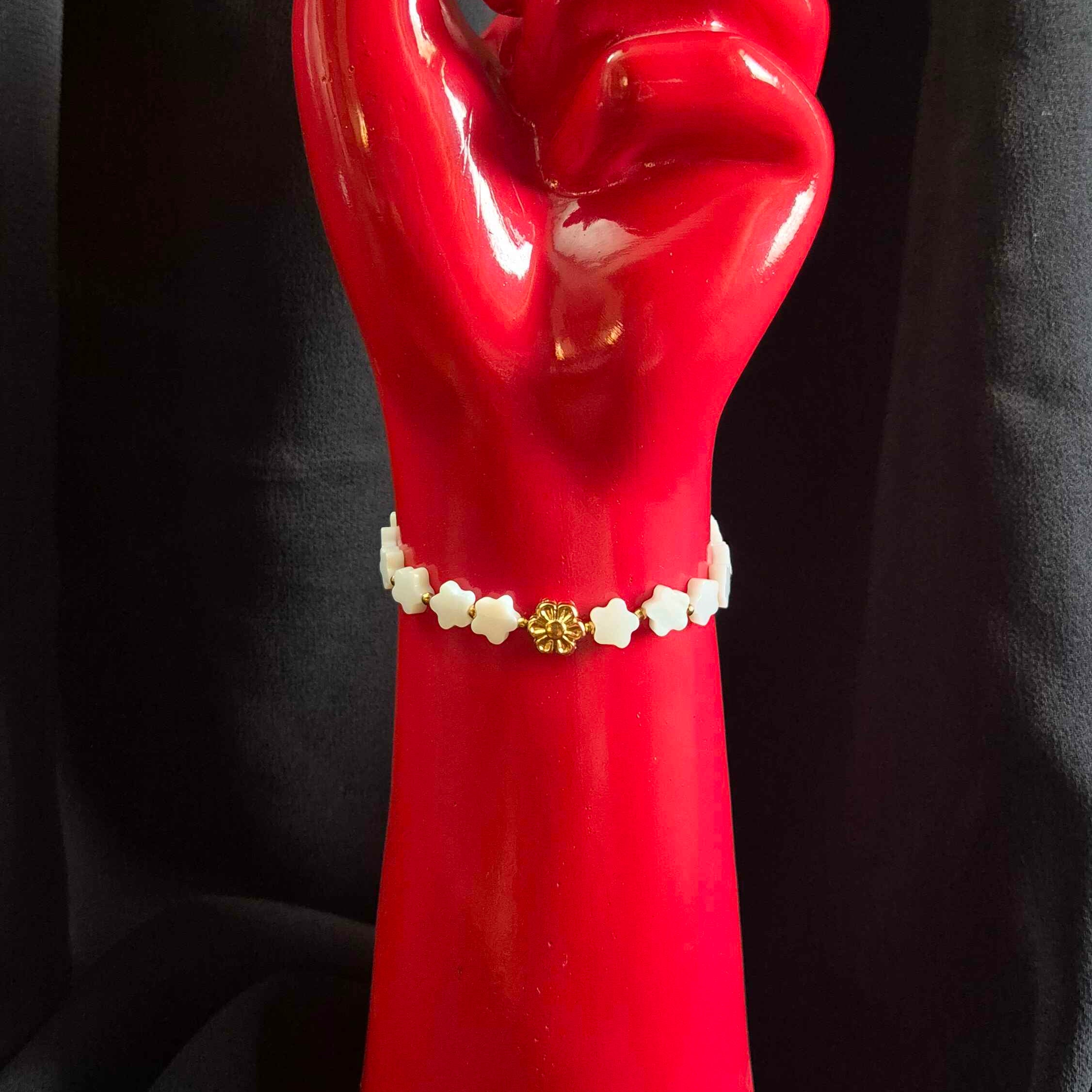 White Floral Bead Bracelet with Gold Flower Center Accent