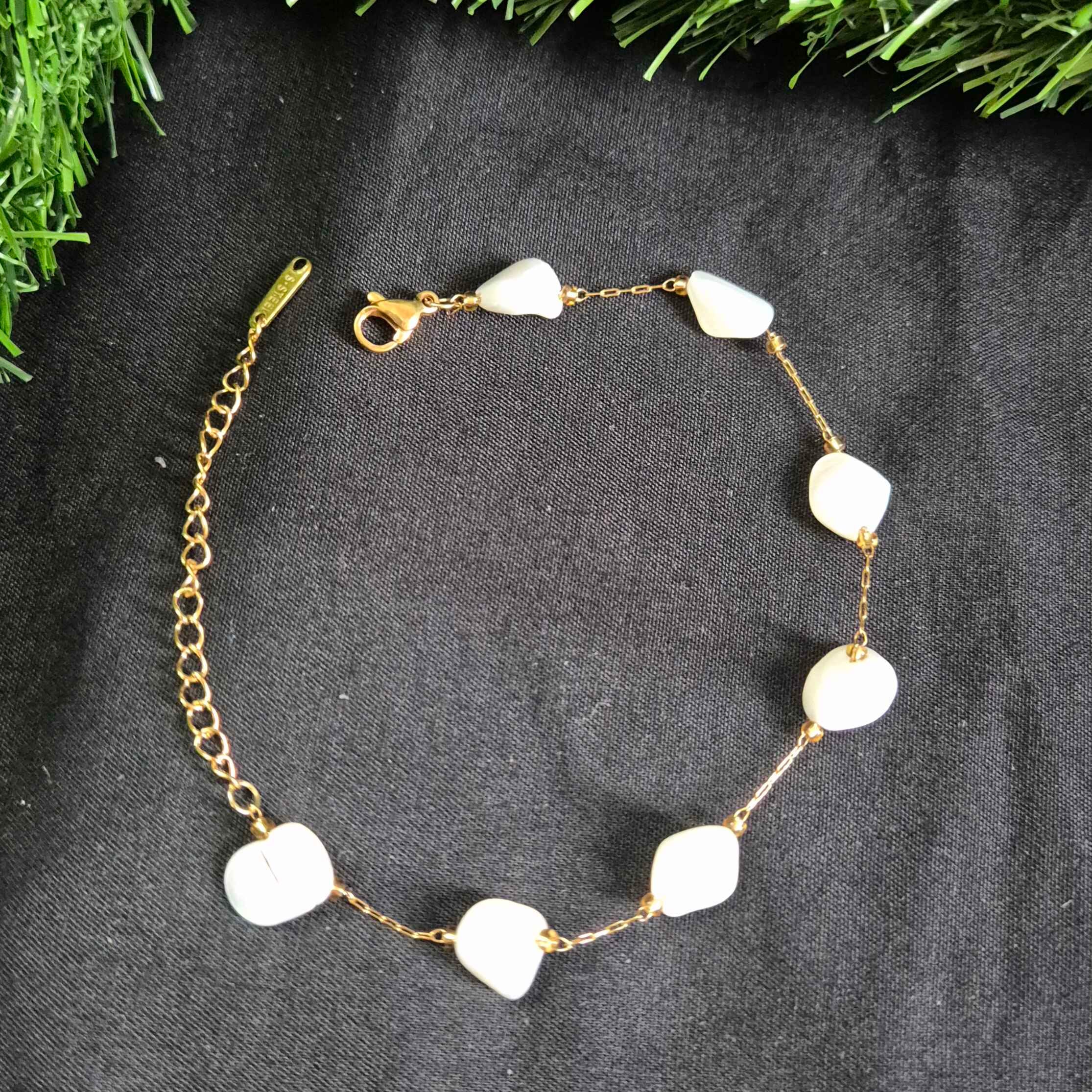 Anti tarnish White Bead Chain Bracelet with Irregular Stone Accents