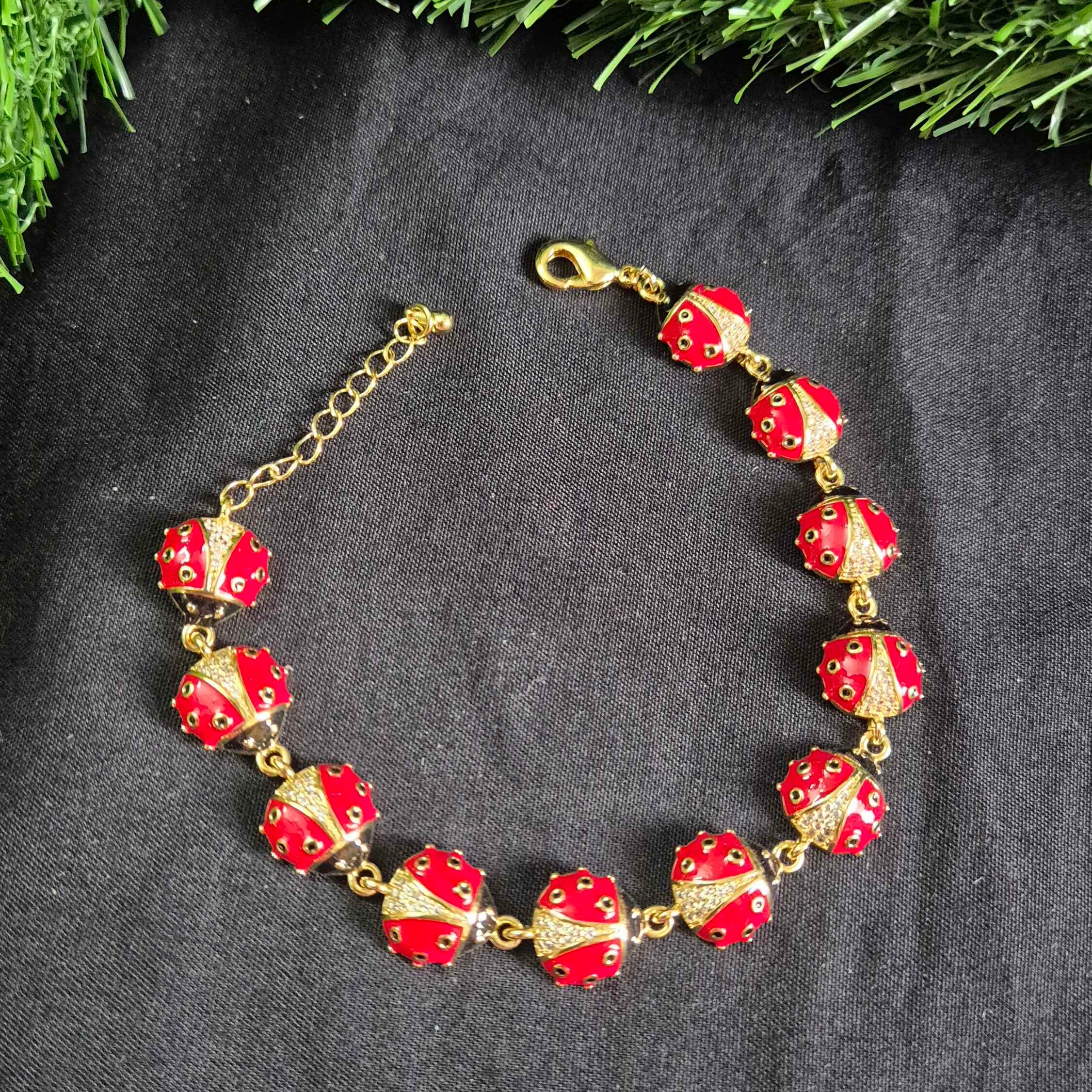 Red Enamel lady bird Bracelet with Crystal Detail and Adjustable Chain