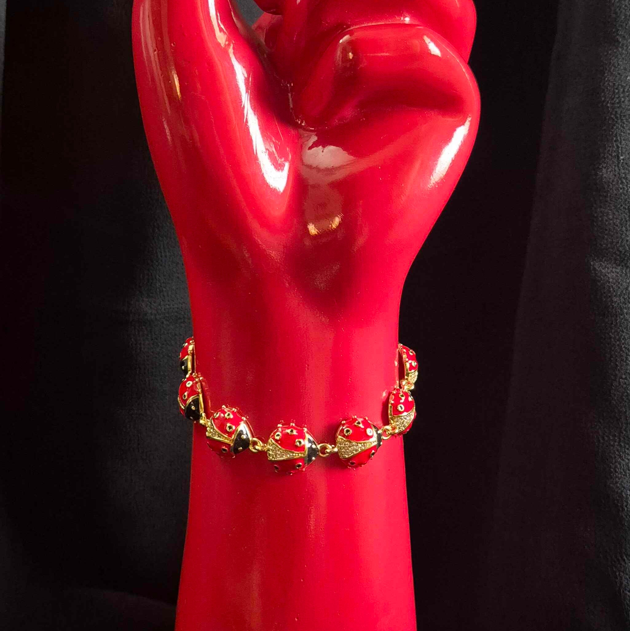 Red Enamel lady bird Bracelet with Crystal Detail and Adjustable Chain