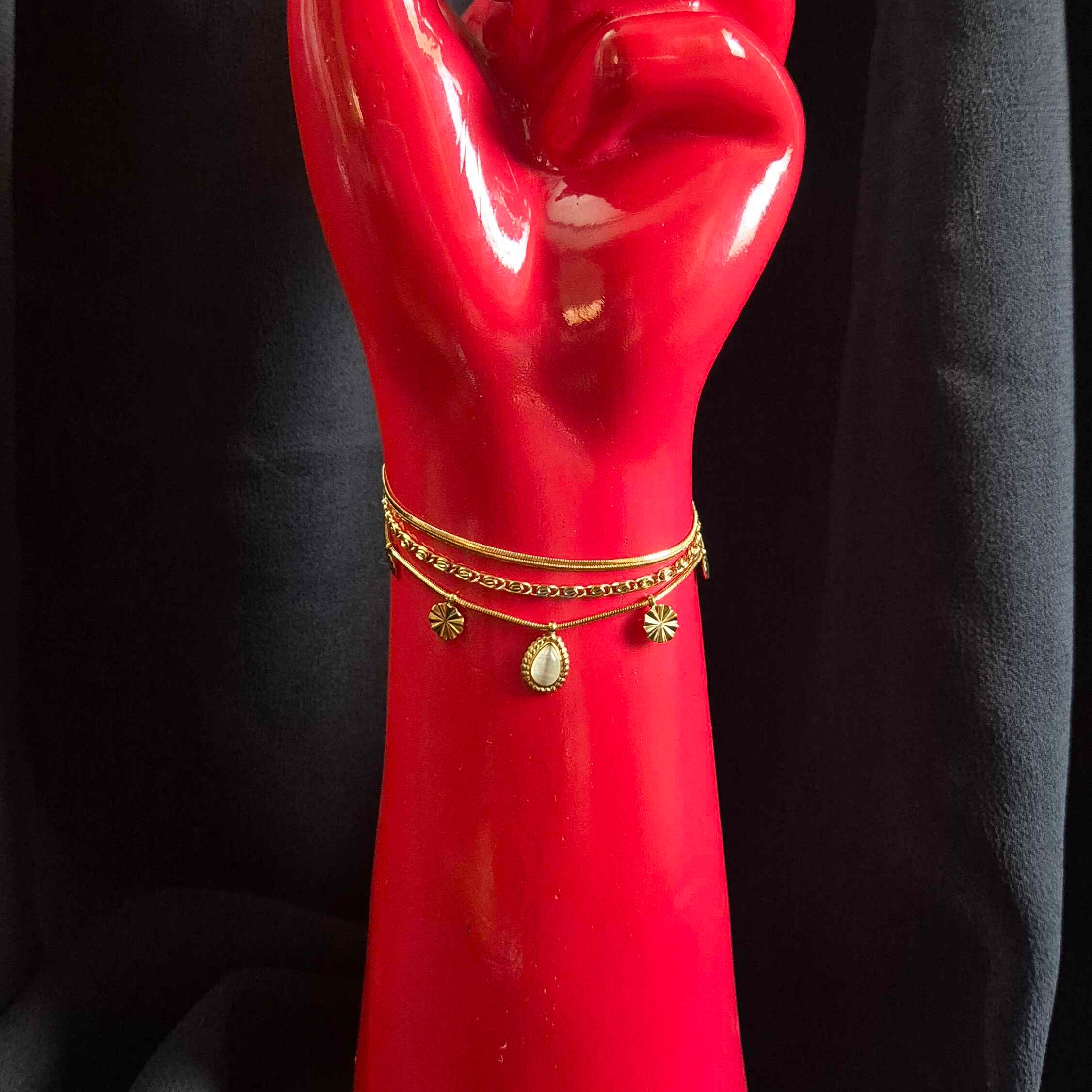 Anti tarnish 3 Layered Charm Bracelet with Teardrop Pendant and Disc Accents