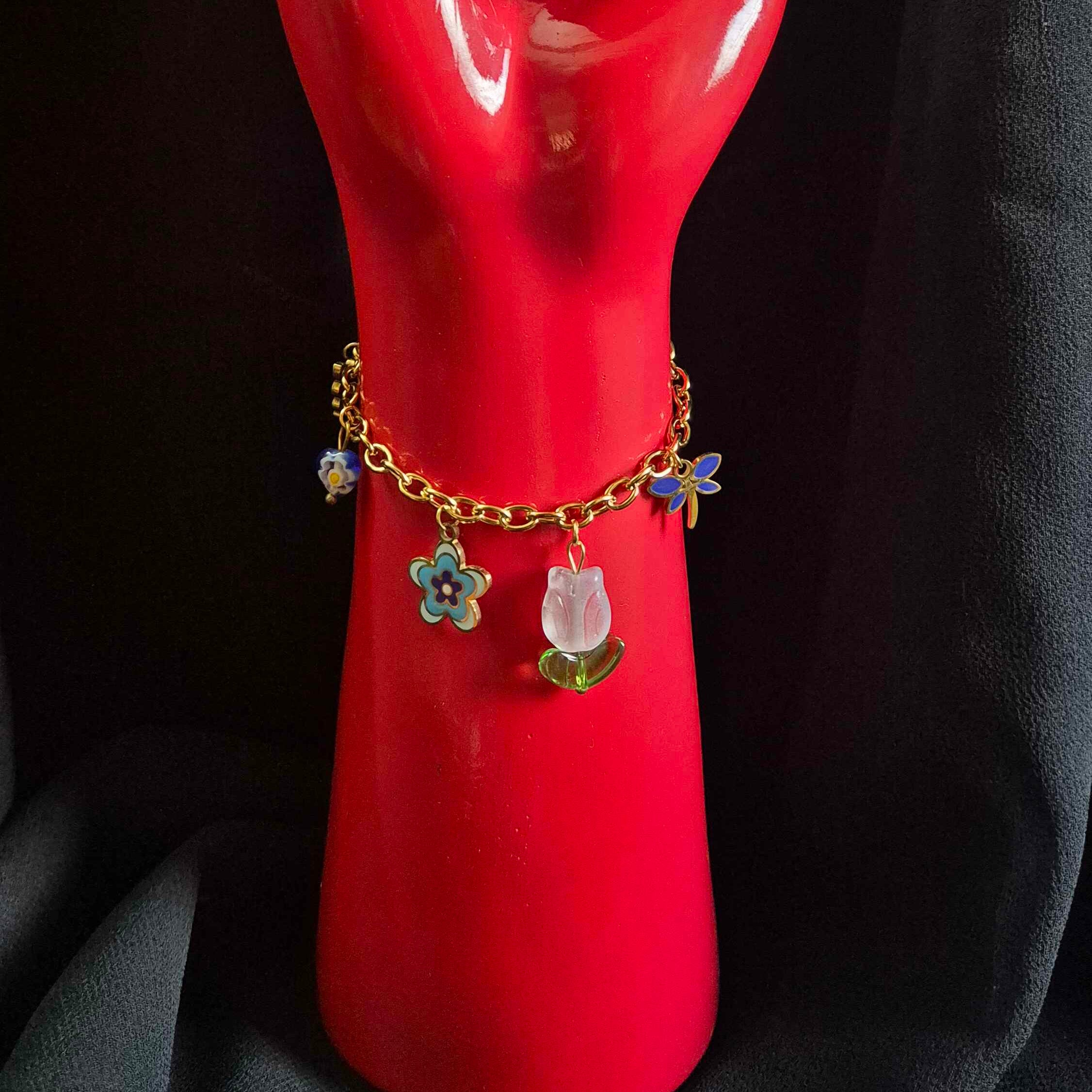 Blue Floral and Butterfly Charm Bracelet with Tulip Pendant