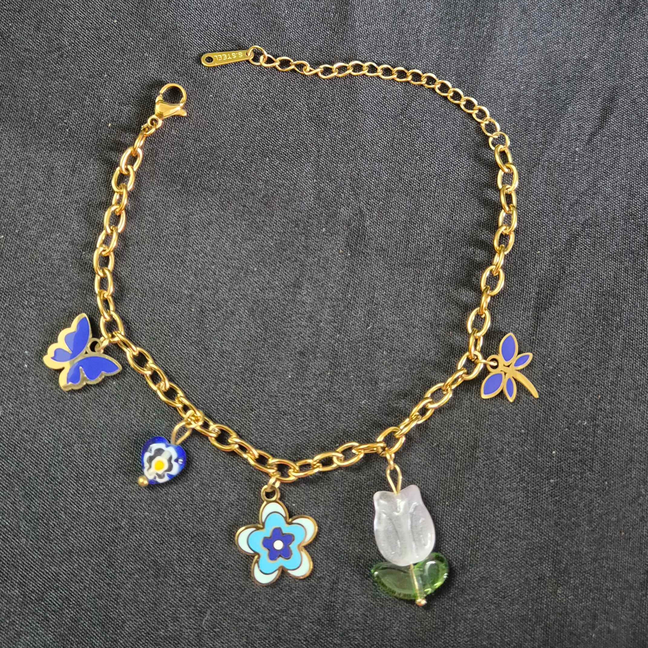 Blue Floral and Butterfly Charm Bracelet with Tulip Pendant