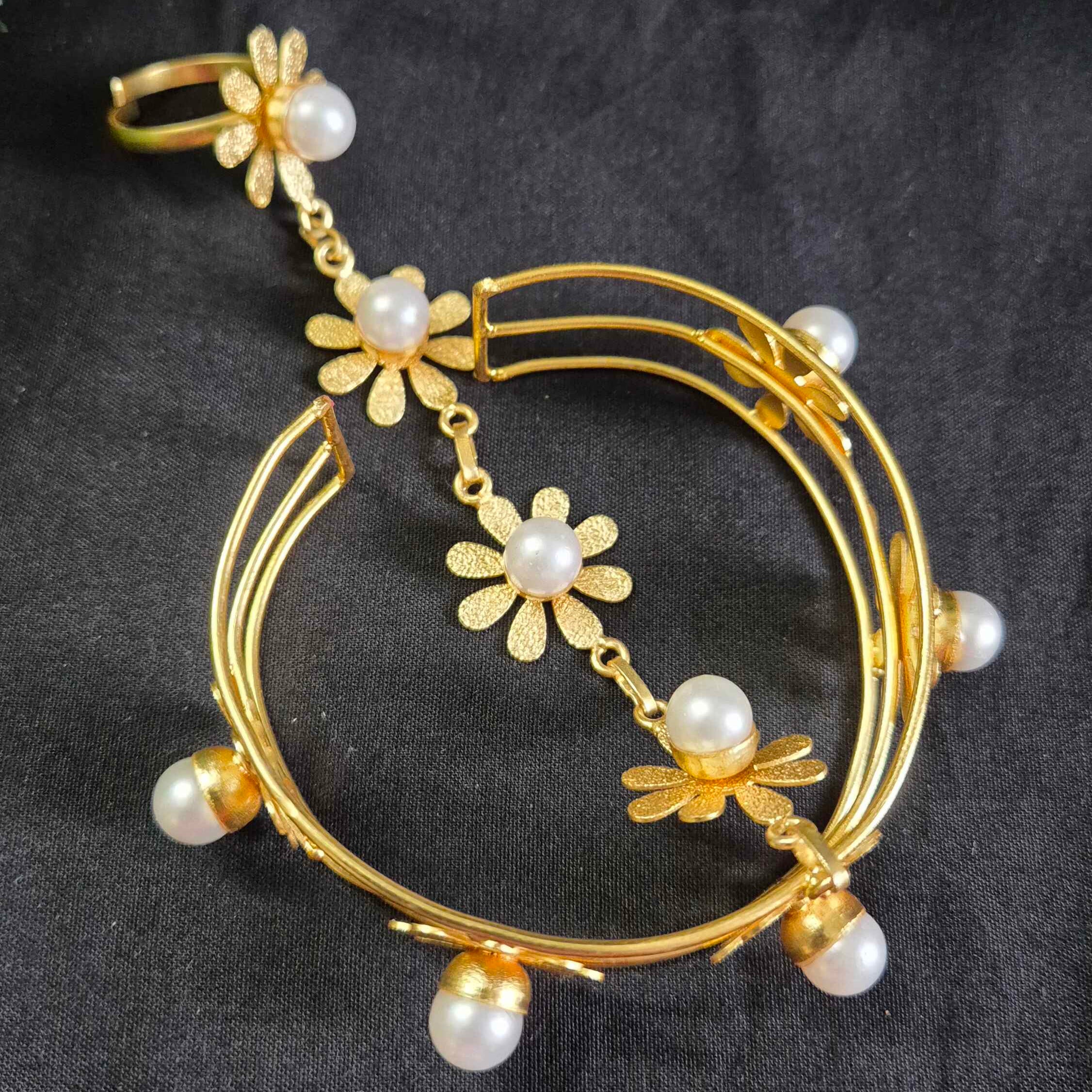 Pearl Floral Bracelet and connecting Ring Set with Gold-Tone Daisy Design