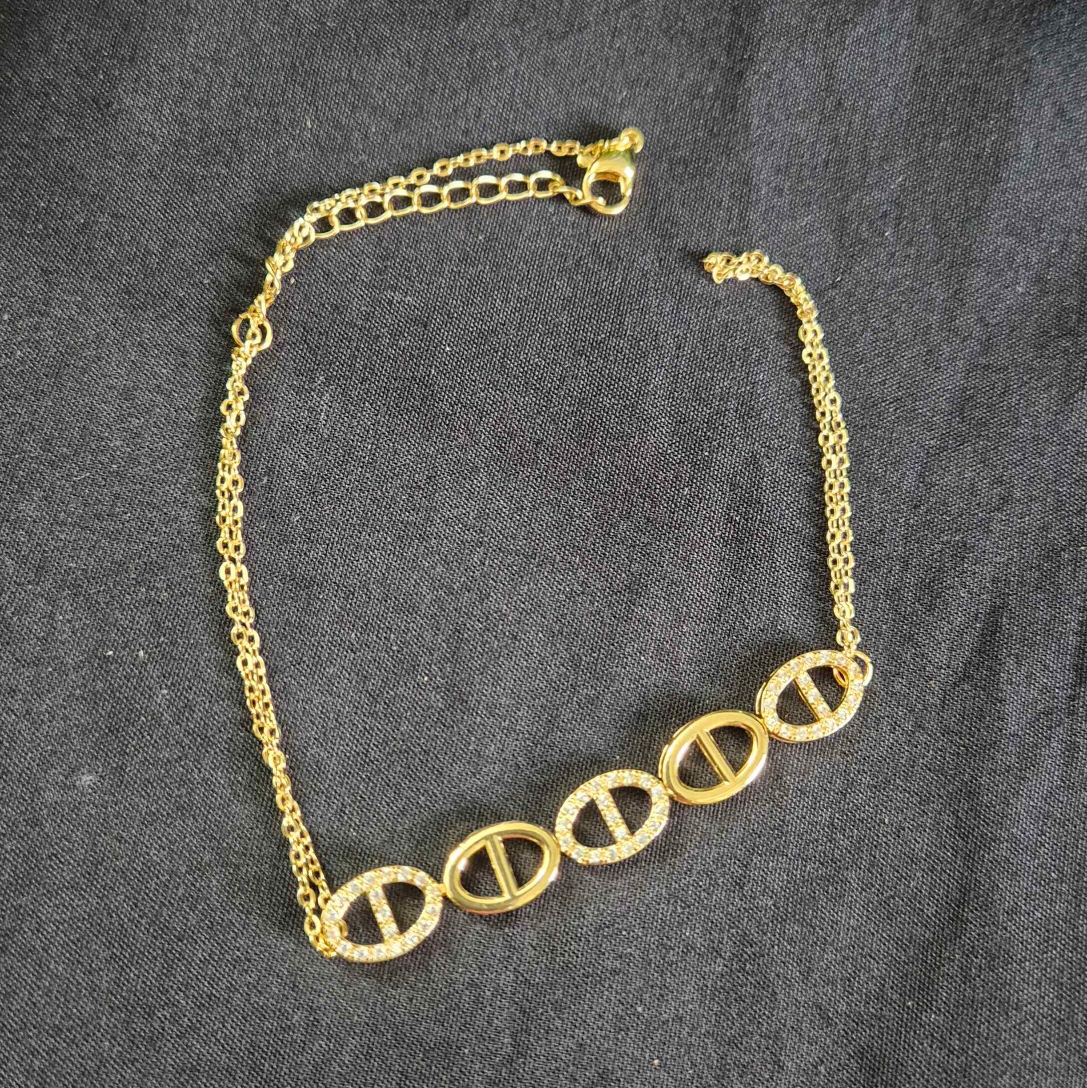 Anti Tarnish Geometric Link Bracelet with Crystal Accent Oval Charms