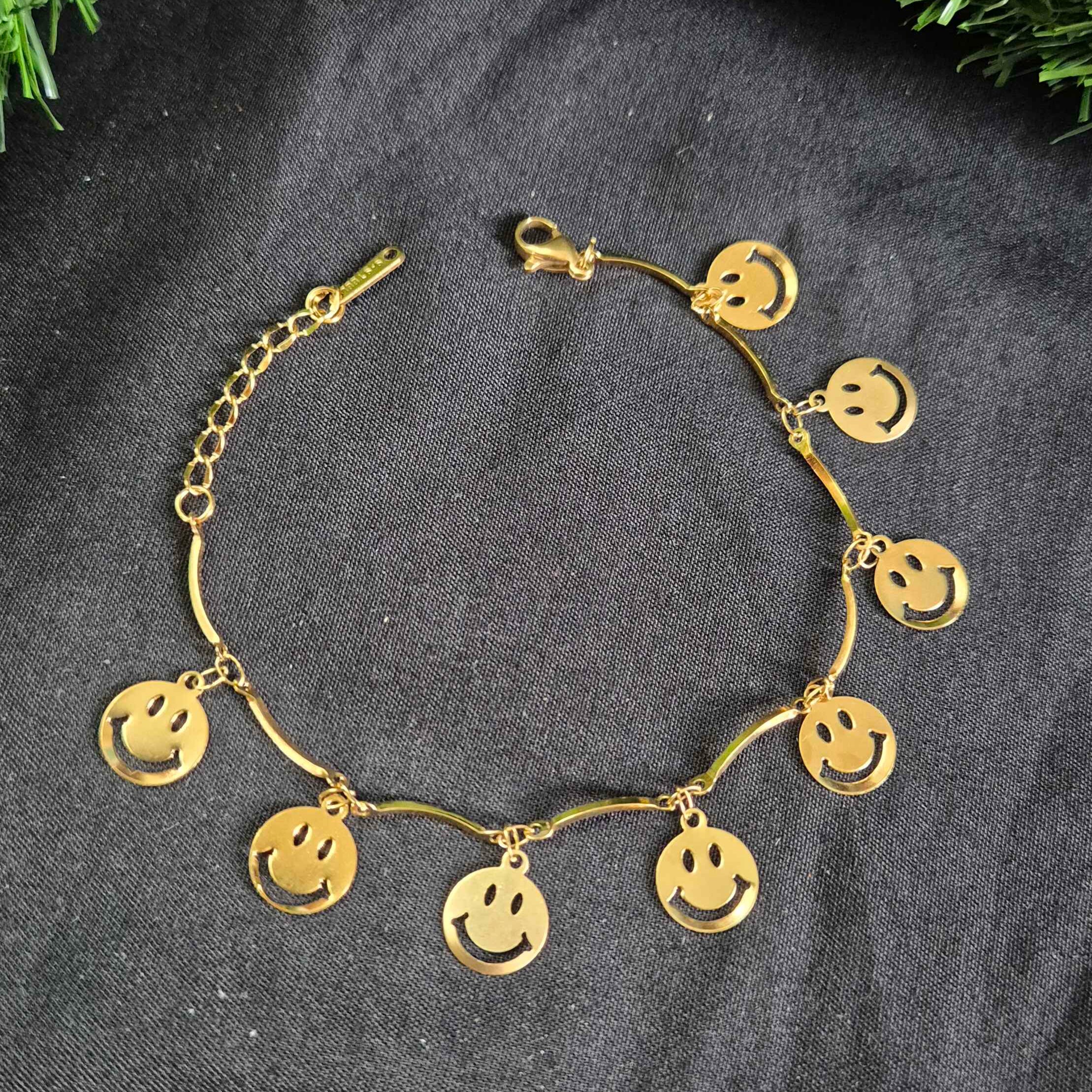 Anti tarnish Smiley Face Charm Bracelet with Dangling Disc Accents