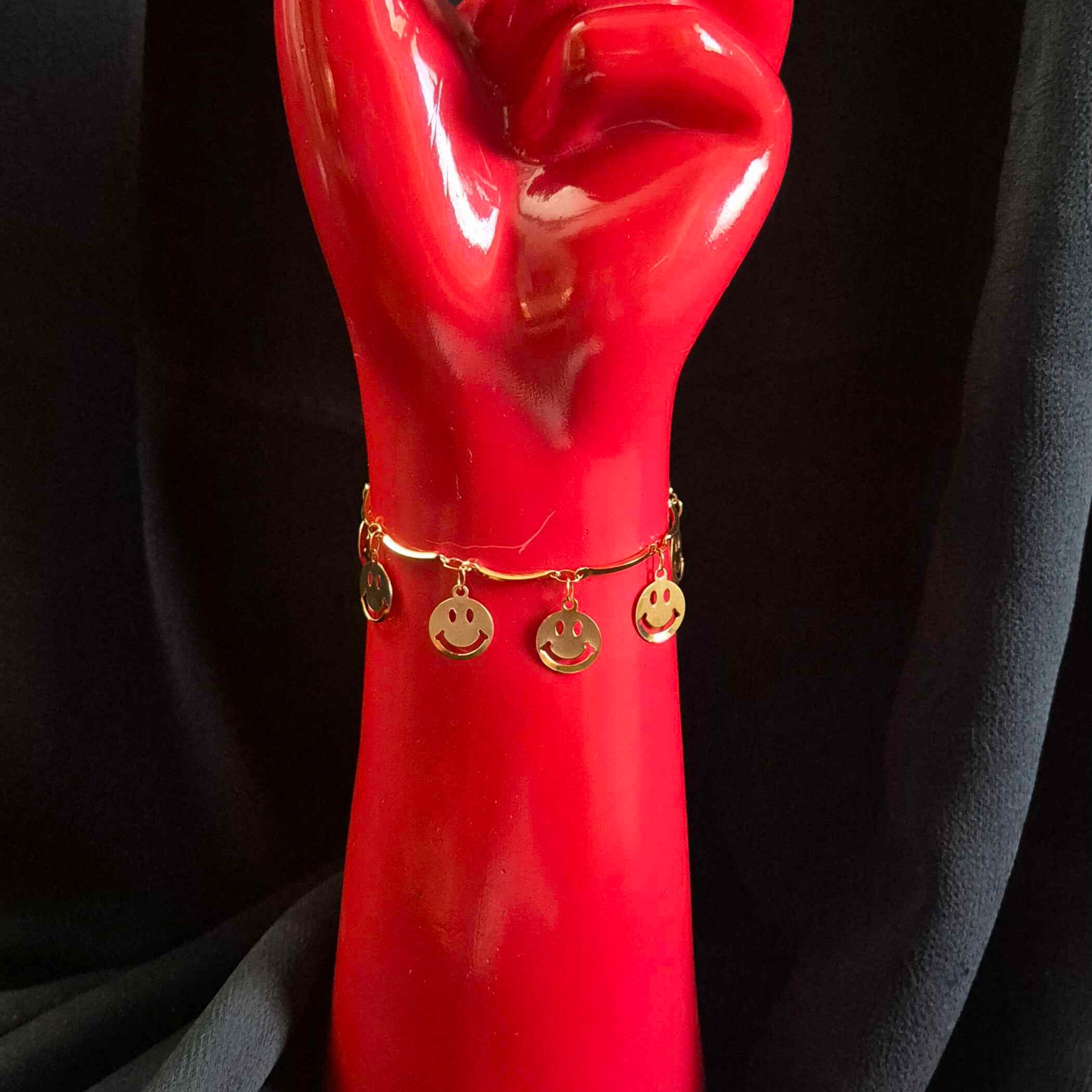 Anti tarnish Smiley Face Charm Bracelet with Dangling Disc Accents