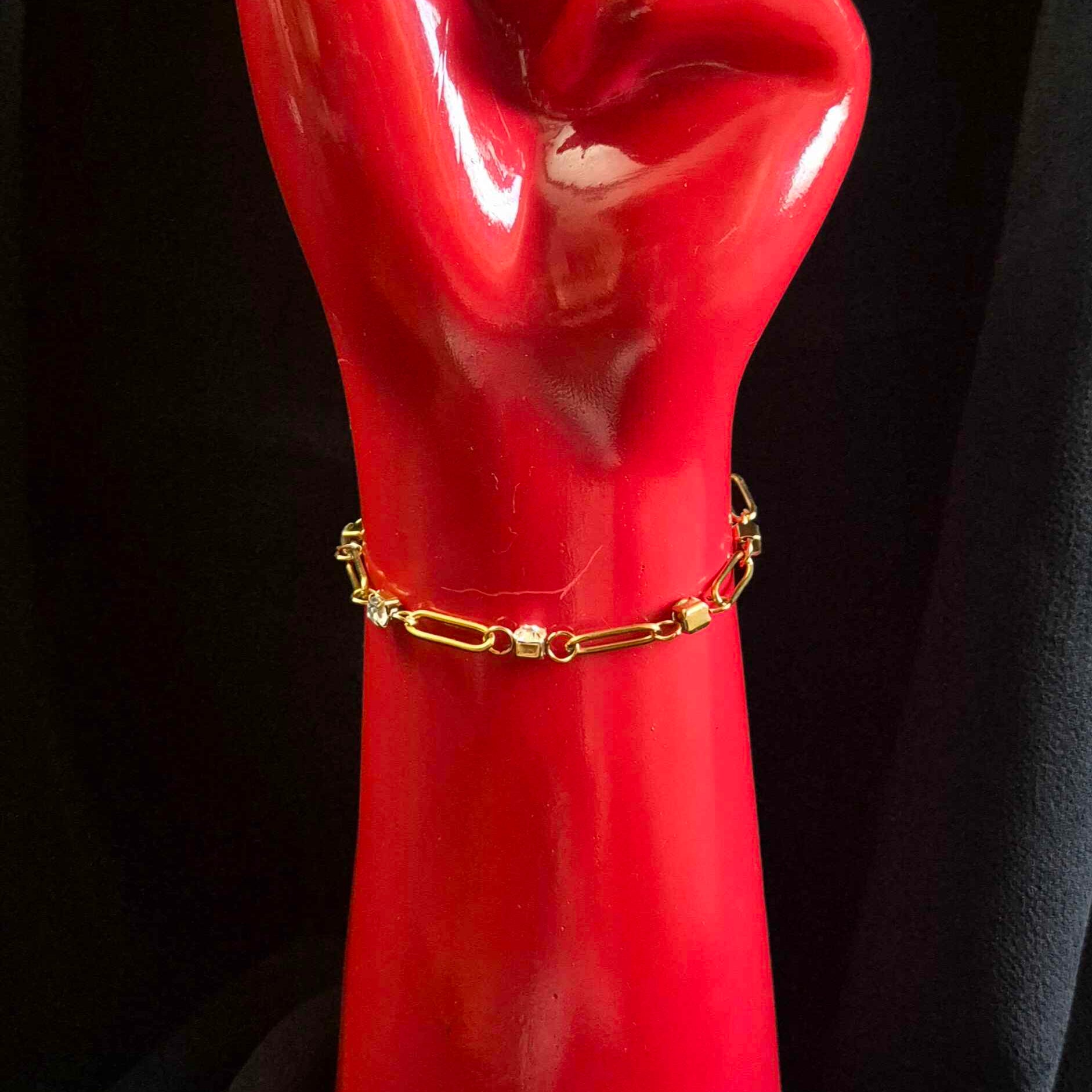 Anti tarnish Crystal Link Chain Bracelet with Geometric Gold-Tone Accents