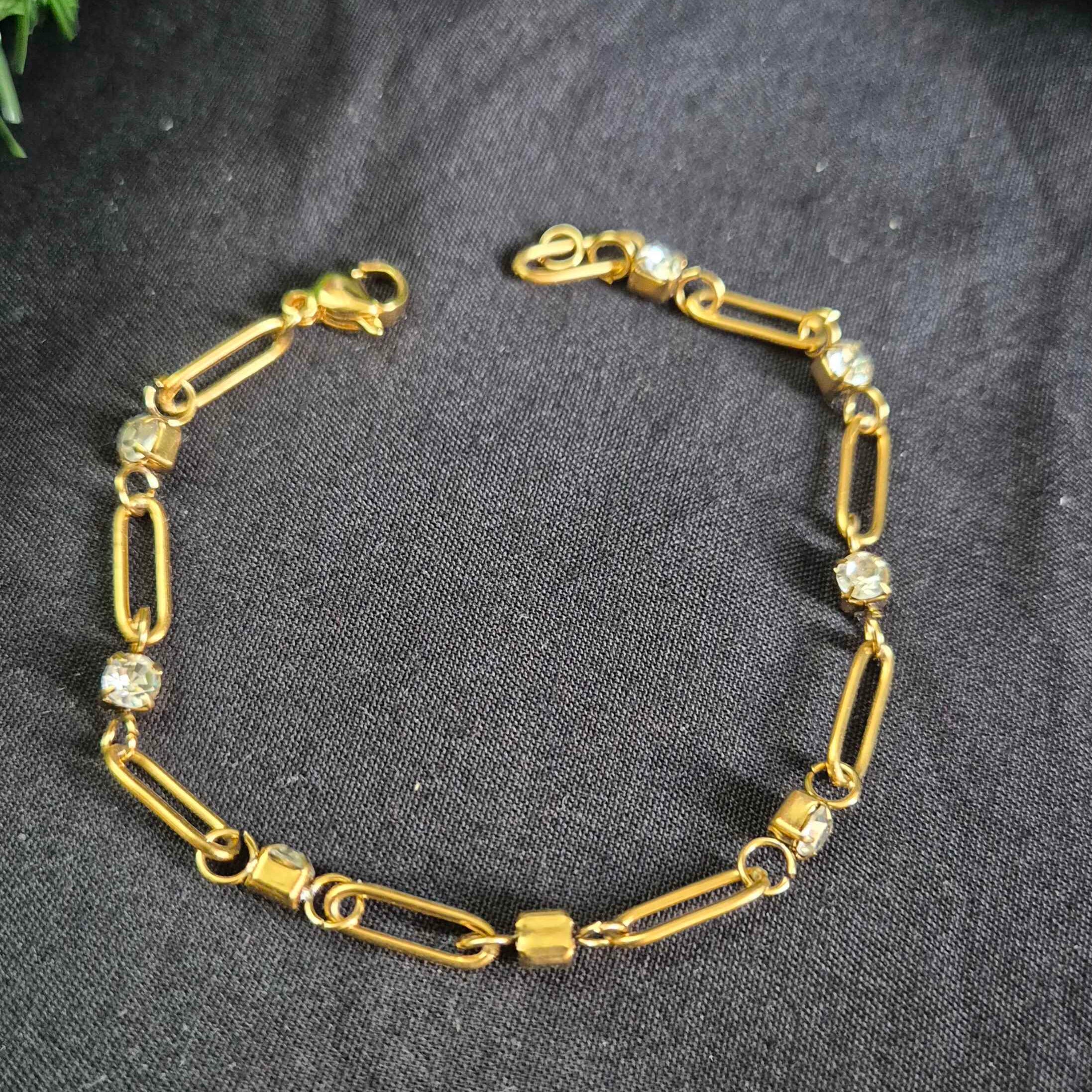 Anti tarnish Crystal Link Chain Bracelet with Geometric Gold-Tone Accents