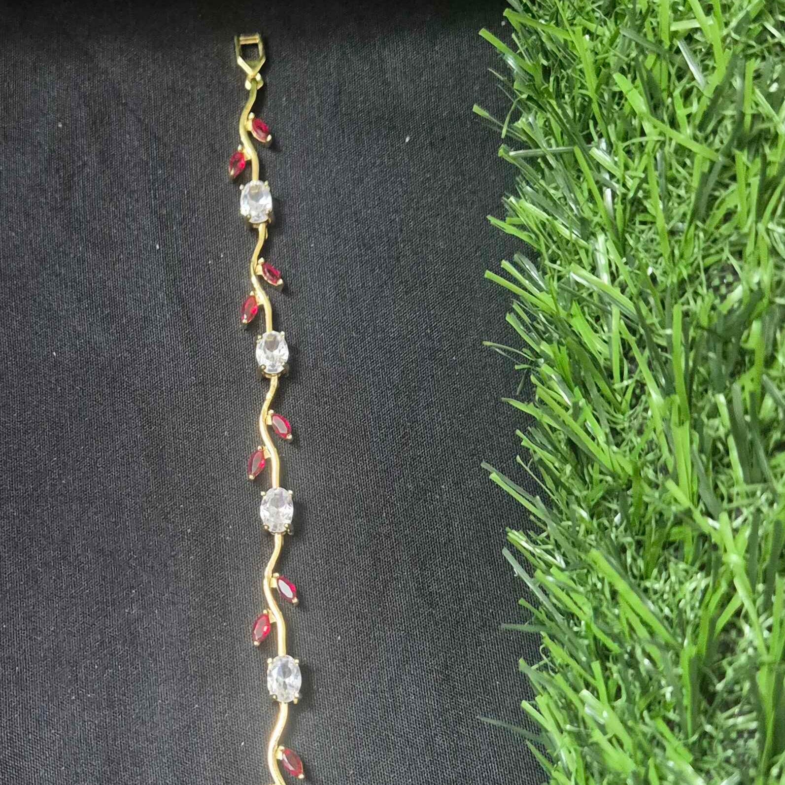 Tulip pattern Gold-Plated Bracelet with White & Ruby Red Stone Design | Jeys Jewels