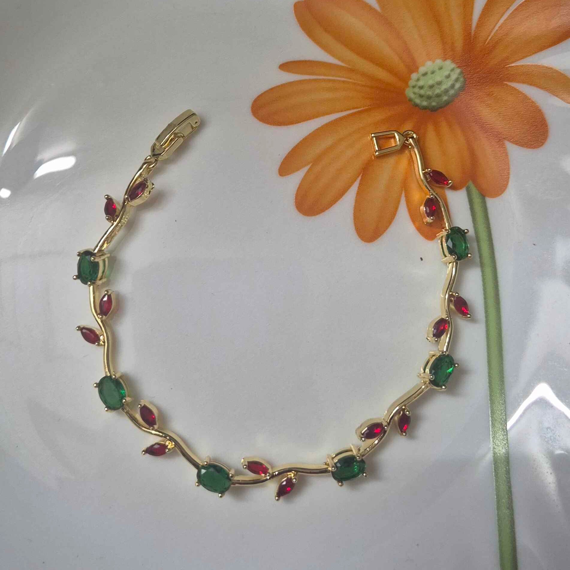 Tulip Elegant Floral Vine Bracelet with Green & Ruby Red Crystal Stones