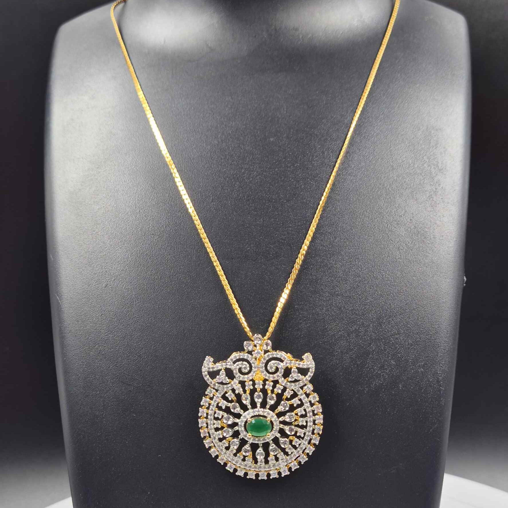 Green Stone AD Pendant Necklace Set for Women | Gold Plated CZ Crystal short Chain with Matching Earrings
