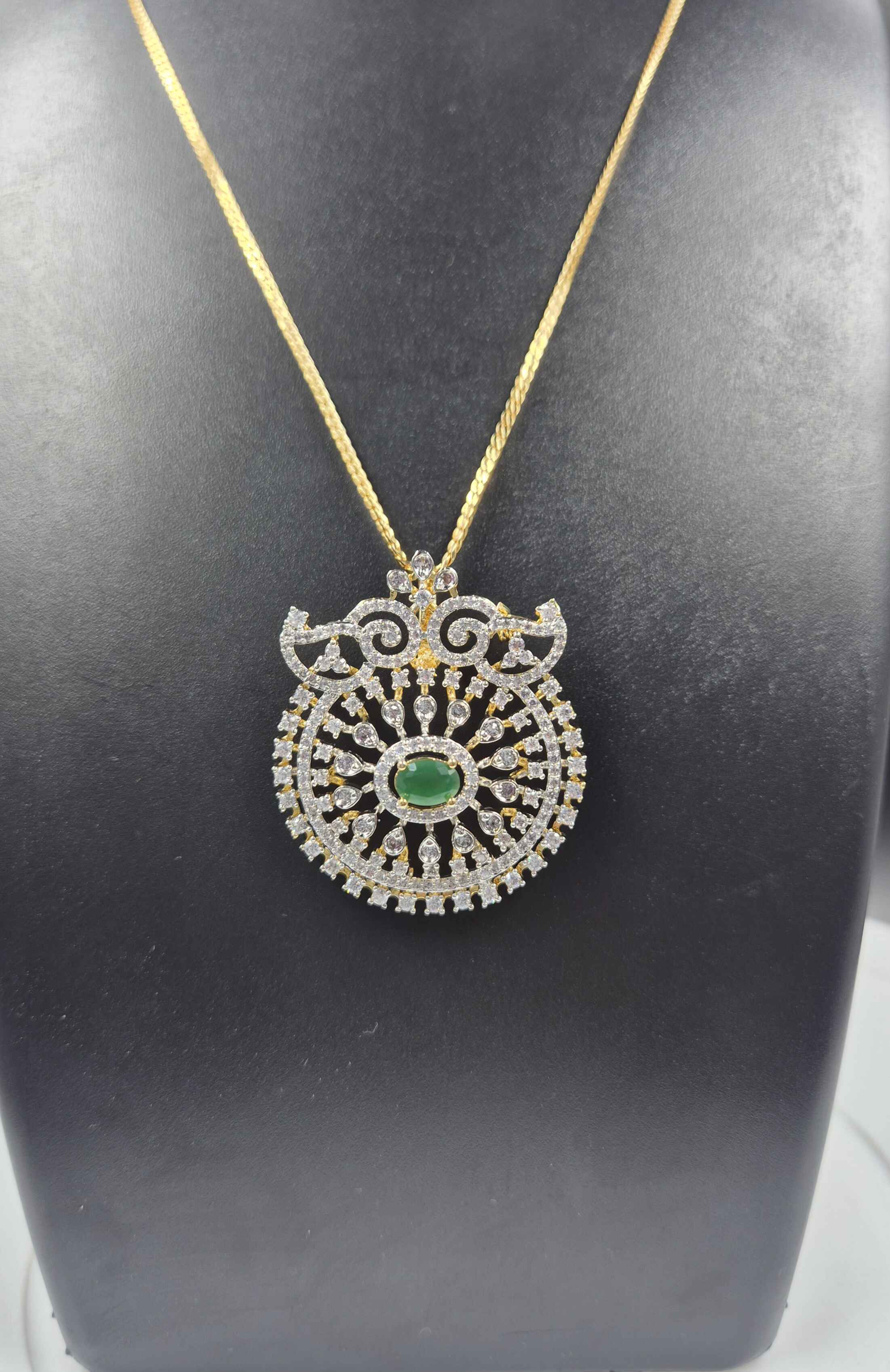 Green Stone AD Pendant Necklace Set for Women | Gold Plated CZ Crystal short Chain with Matching Earrings