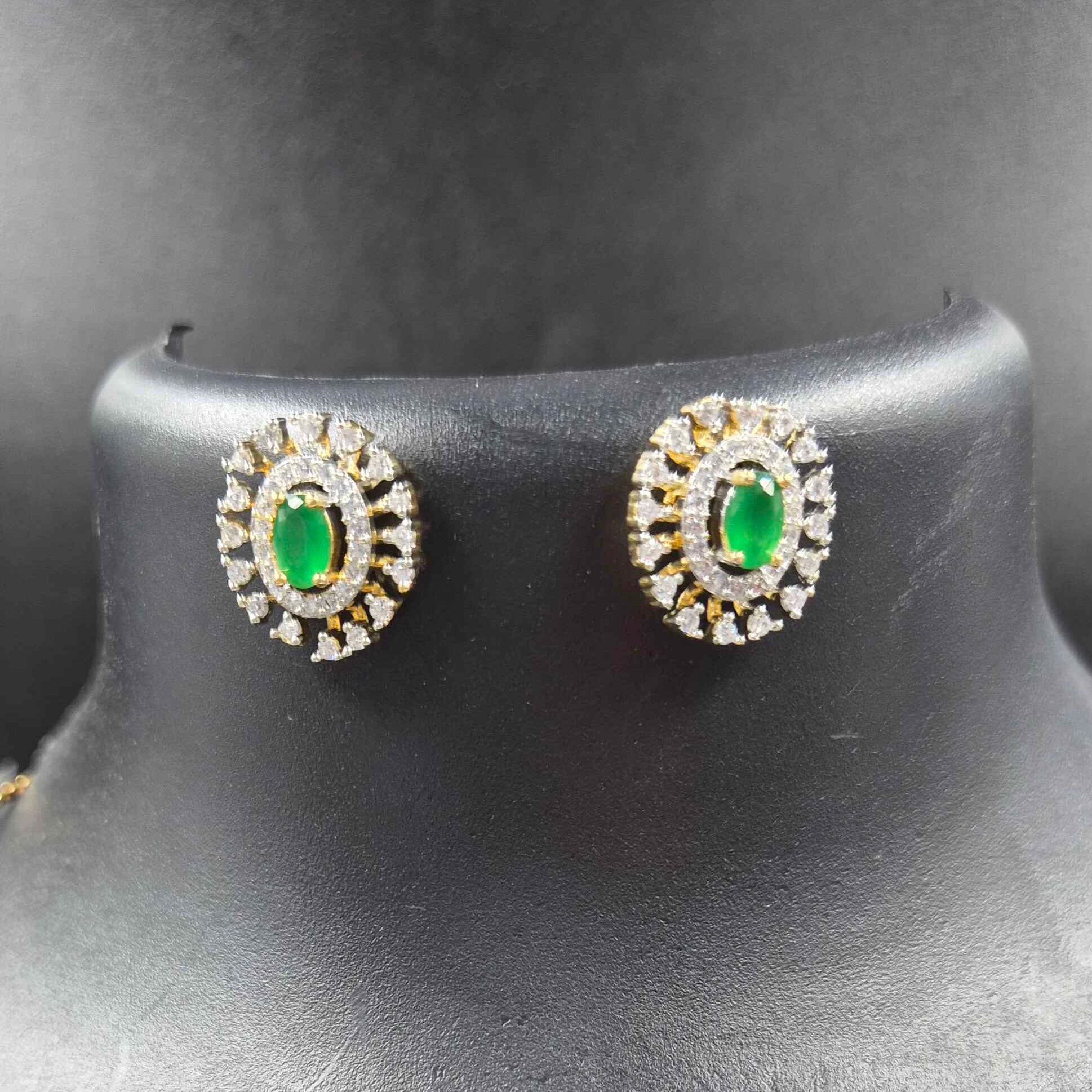 Green Stone AD Pendant Necklace Set for Women | Gold Plated CZ Crystal short Chain with Matching Earrings