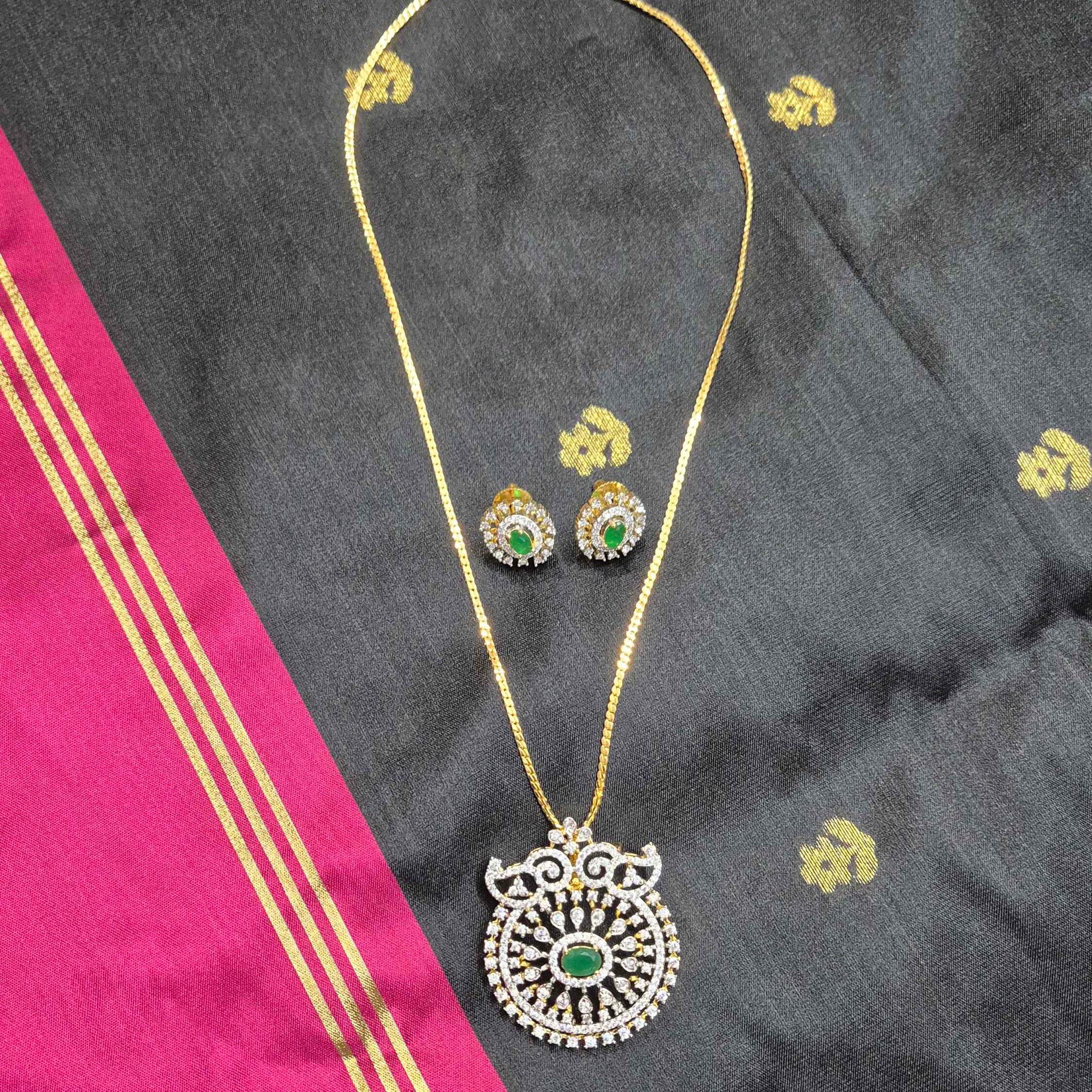 Green Stone AD Pendant Necklace Set for Women | Gold Plated CZ Crystal short Chain with Matching Earrings