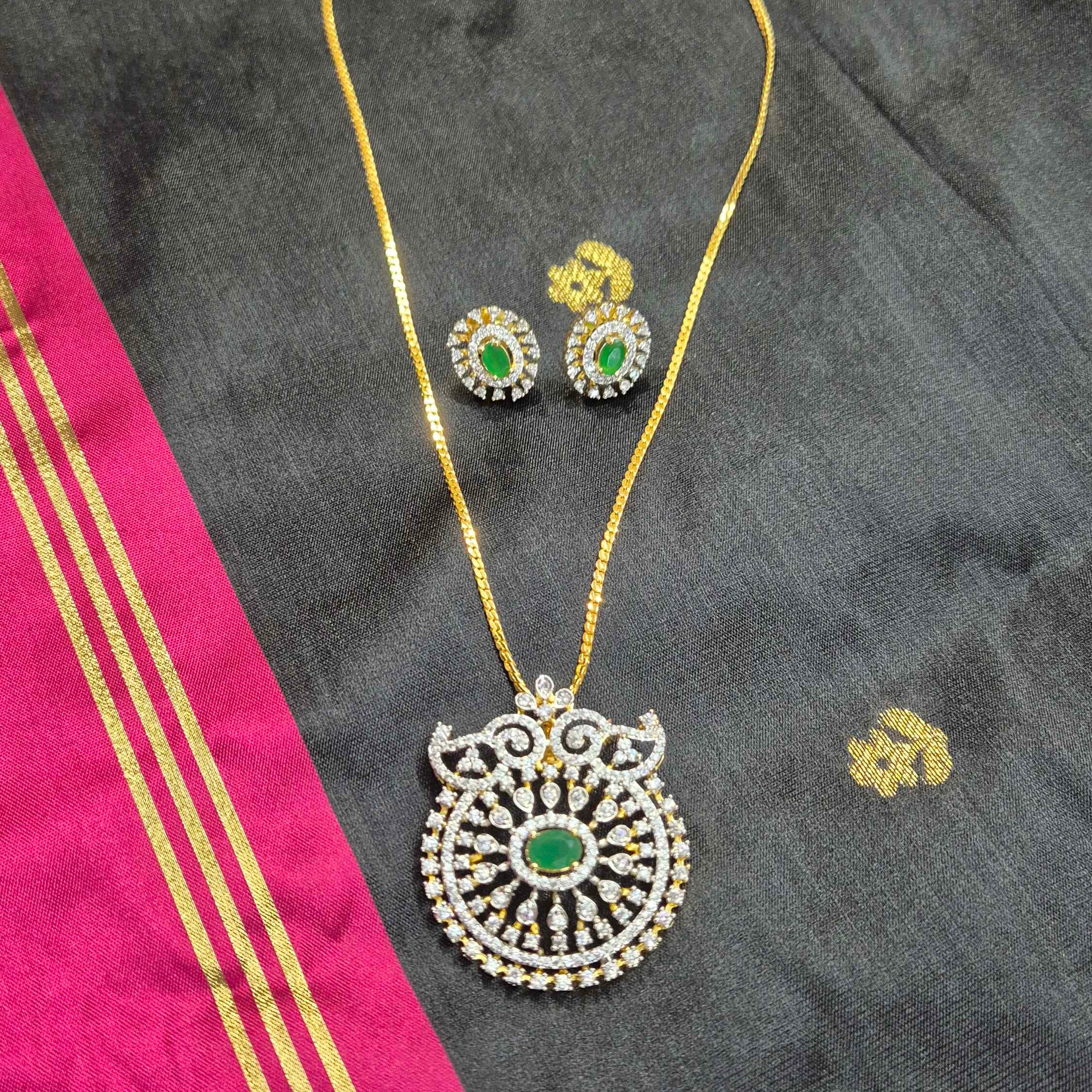 Green Stone AD Pendant Necklace Set for Women | Gold Plated CZ Crystal short Chain with Matching Earrings