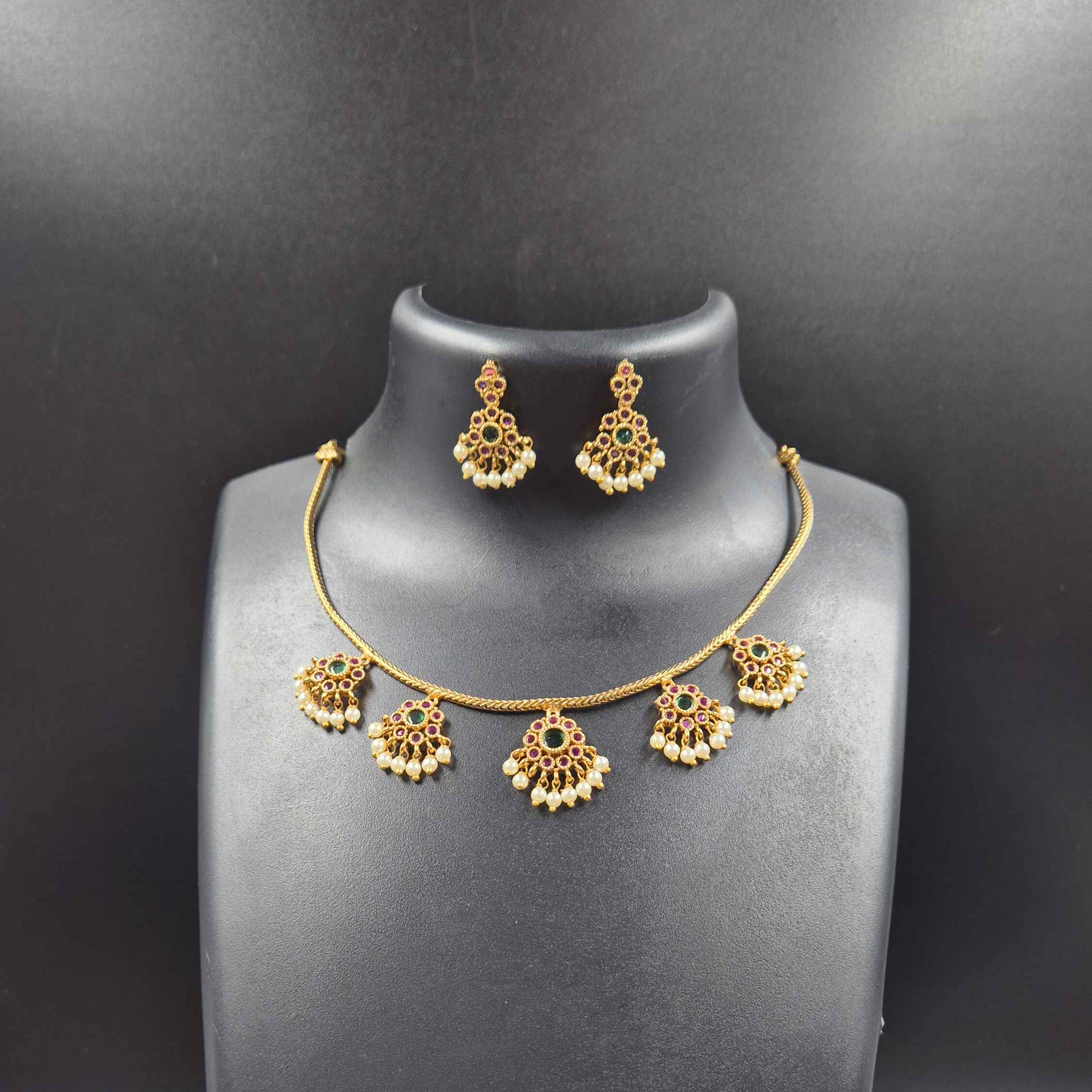 Traditional Kemp Stone Pearl Drop attigai model Necklace Set for Women | Antique Gold Plated Temple Jewelry