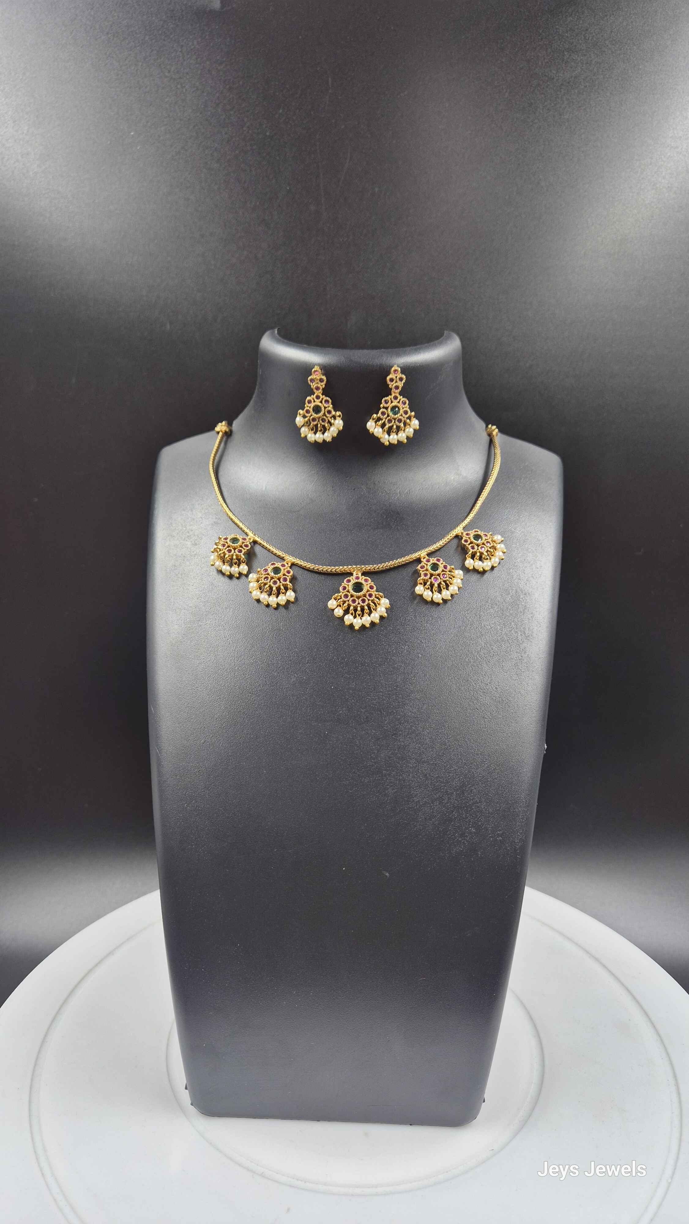 Traditional Kemp Stone Pearl Drop attigai model Necklace Set for Women | Antique Gold Plated Temple Jewelry