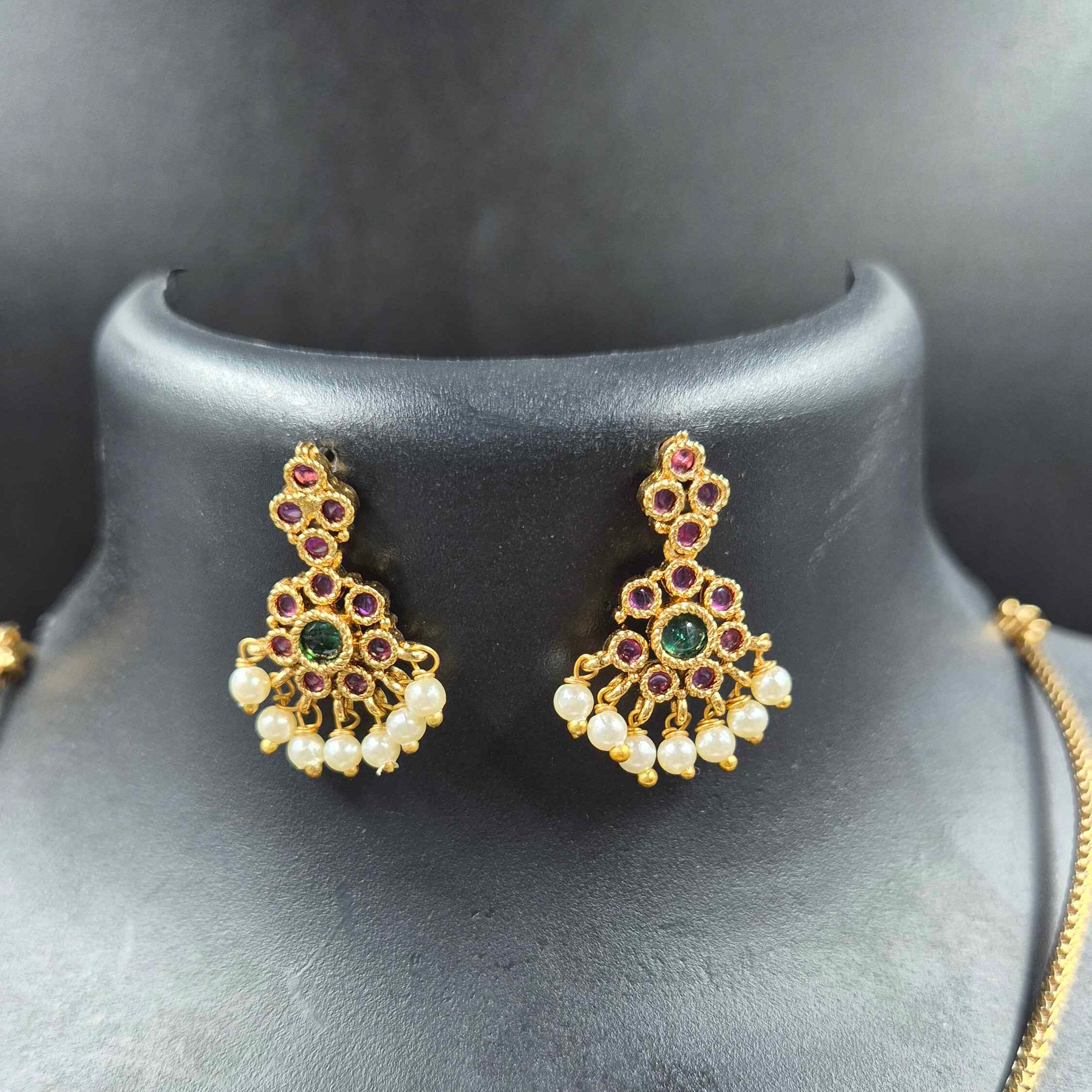 Traditional Kemp Stone Pearl Drop attigai model Necklace Set for Women | Antique Gold Plated Temple Jewelry