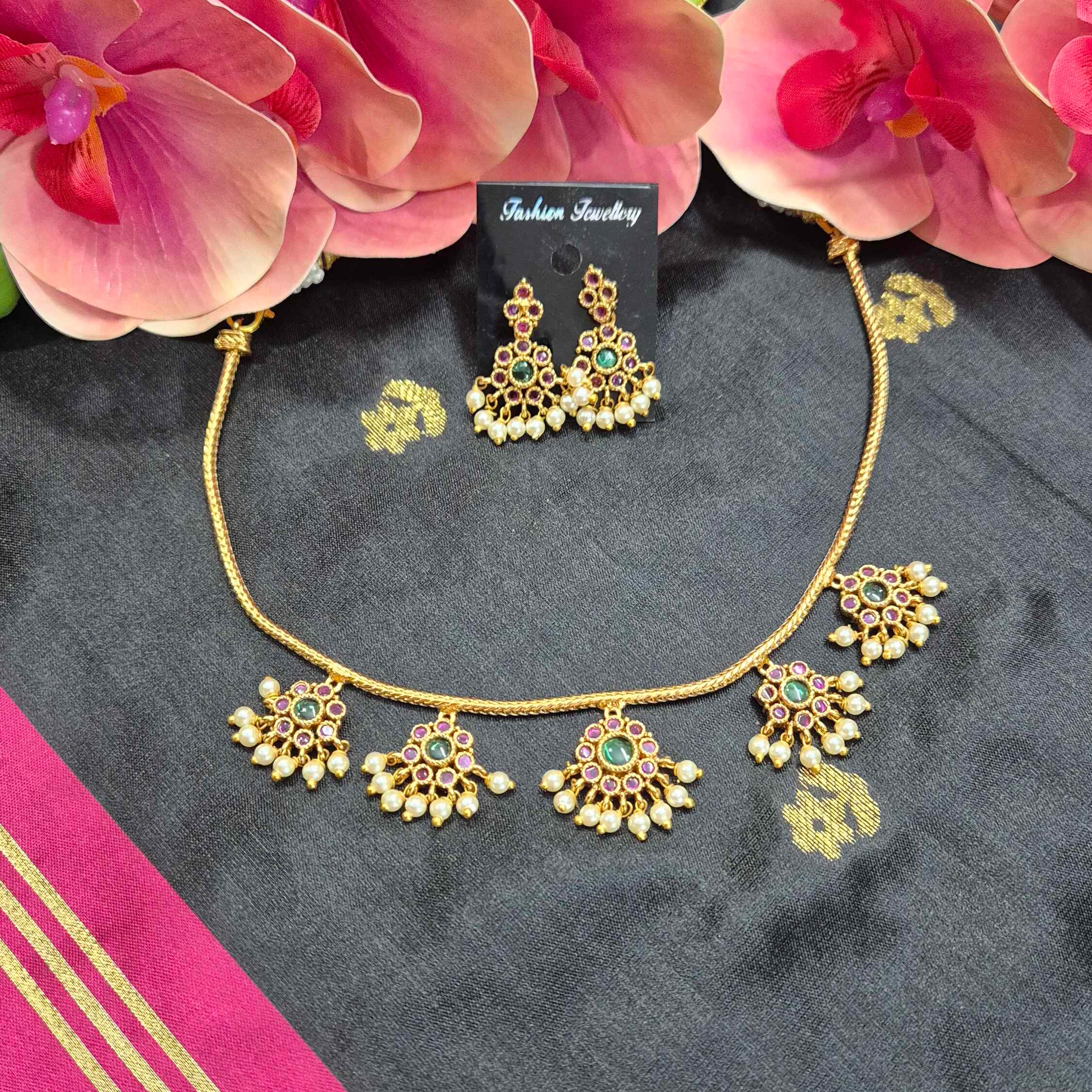 Traditional Kemp Stone Pearl Drop attigai model Necklace Set for Women | Antique Gold Plated Temple Jewelry