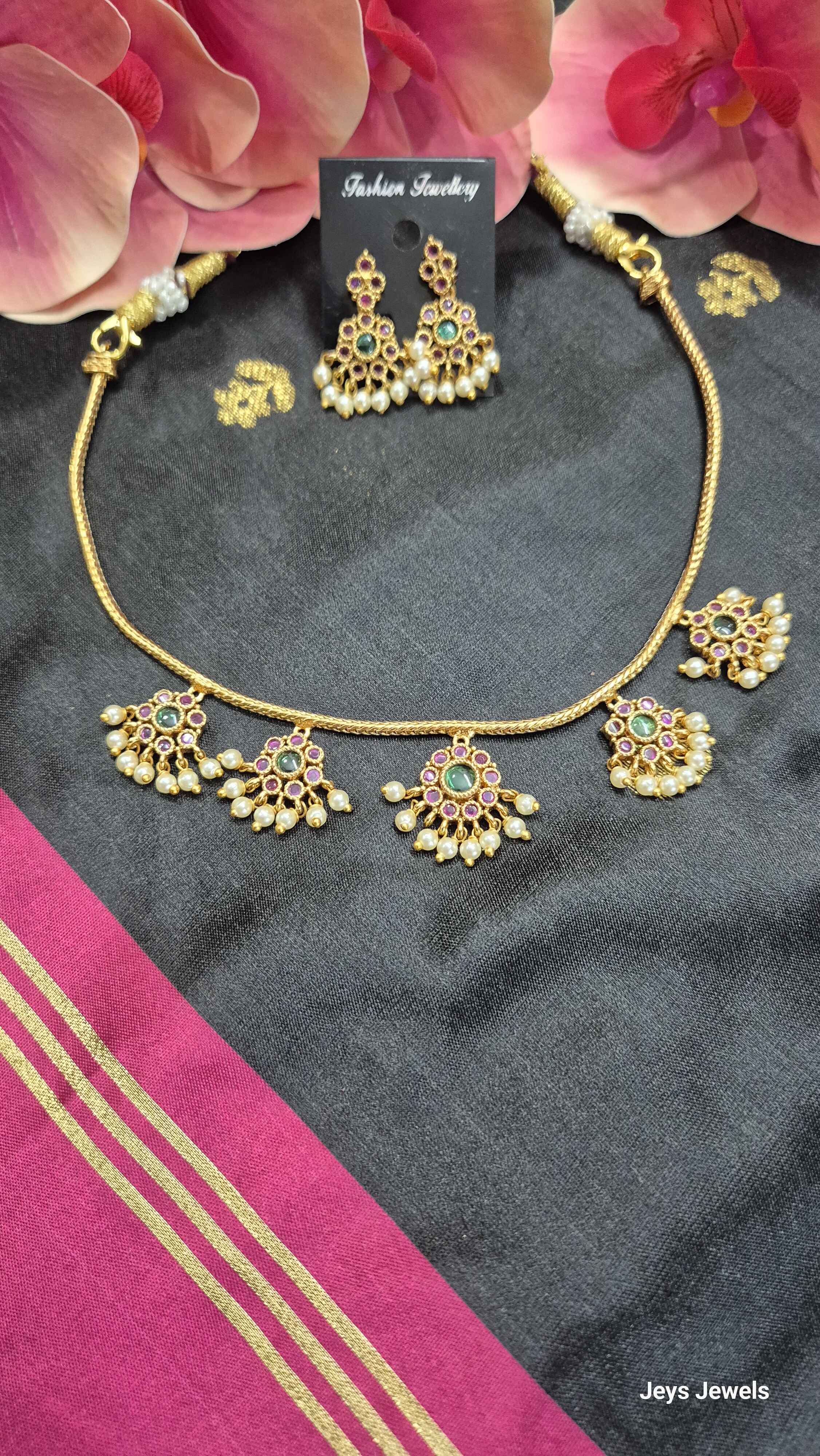 Traditional Kemp Stone Pearl Drop attigai model Necklace Set for Women | Antique Gold Plated Temple Jewelry