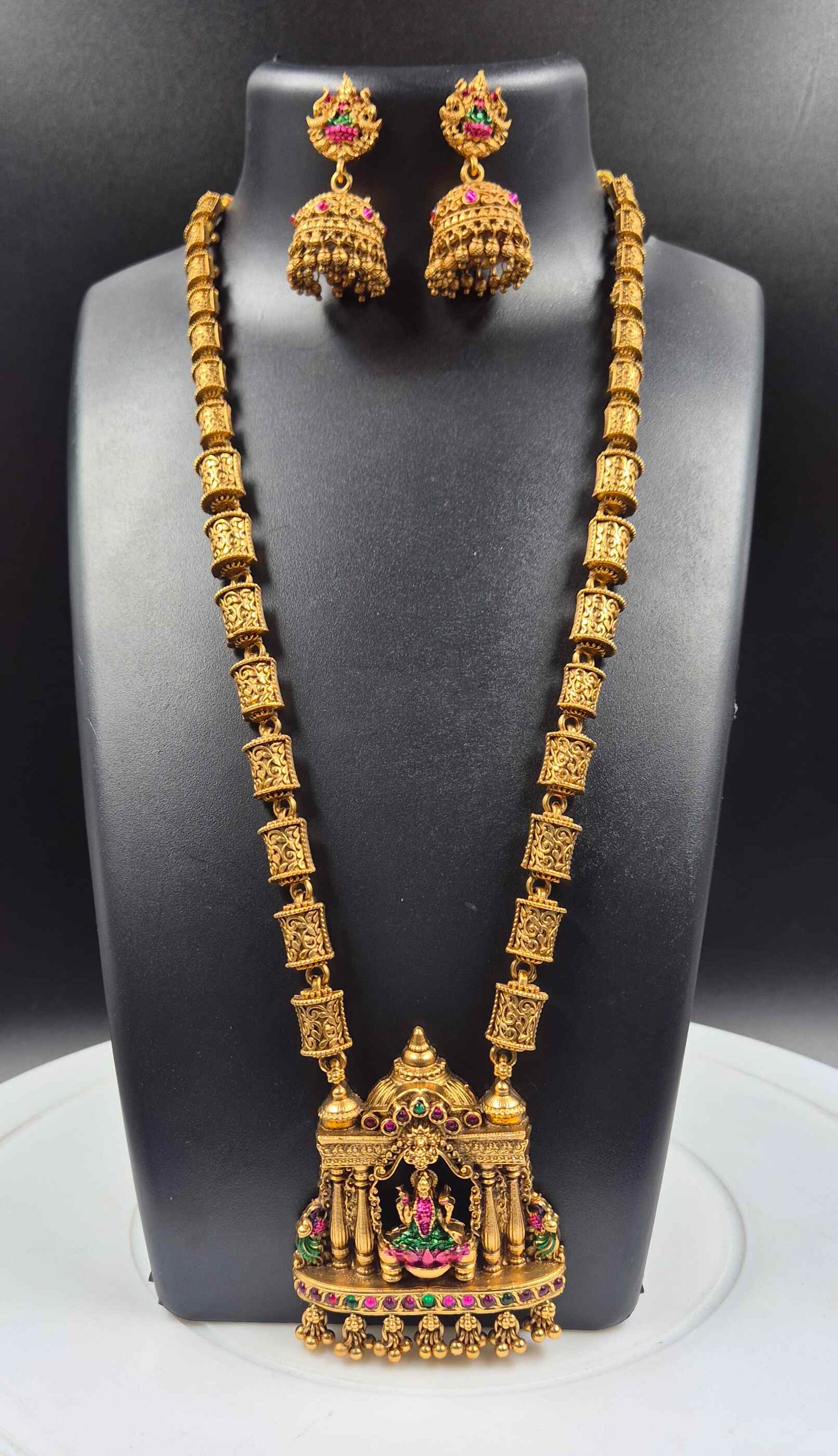 Lakshmi Temple Haram Necklace Set for Women | Antique Gold Plated Long Temple Jewelry with Jhumka Earrings