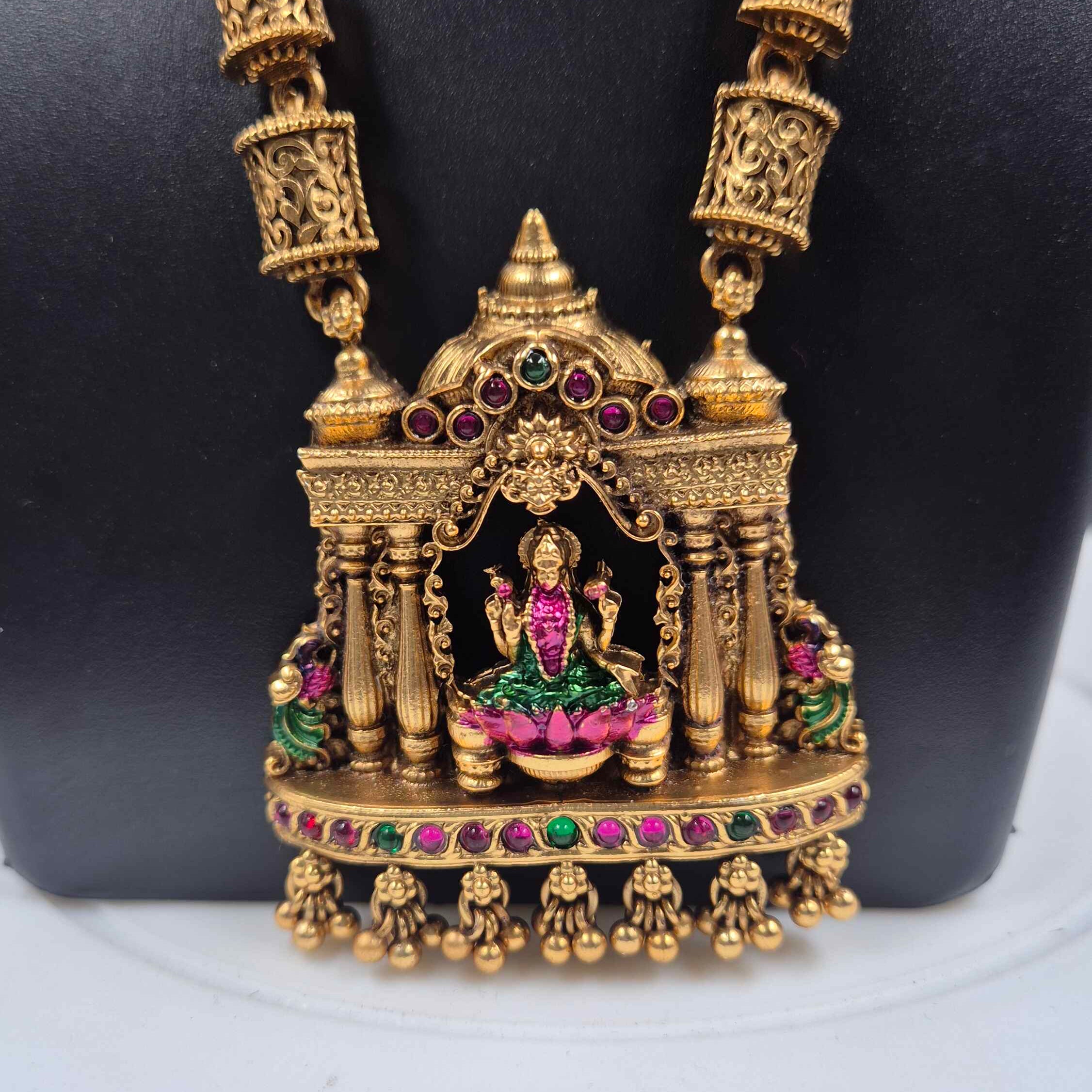 Lakshmi Temple Haram Necklace Set for Women | Antique Gold Plated Long Temple Jewelry with Jhumka Earrings